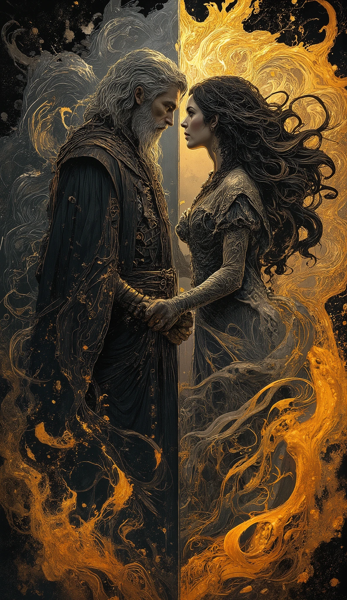 ( one male)A male wizard and (one female) witch. Wizard is 40, beardless, silver haired and handsome with aquiline features with a slender muscular frame dressed in impeccable style with dark coat, vest and leggings. The witch is short, beautiful with light brown skin cute features , dimpled cheeks and dark curly hair, pale skin, medium natural breasts , in a low cut dress thats black and silver, mesmerizing in her beauty, shining with inner light and perspiration. They are combining their magics in a swirl of energies that are contrasted greatly because their opposite natures fit perfectly. The world around them shudders at their power and beauty, the harmony of opposites realized and unified in a sacred marriage of existence, light and dark, male and female, all the elements, fire air earth water and spirit, time is dilated and at the center, is a great love that has lasted countless lifetimes. Done in a surreal vivid expressionist style full of power, balance and terrible beauty full of detail and abstract in the swirl of energies.