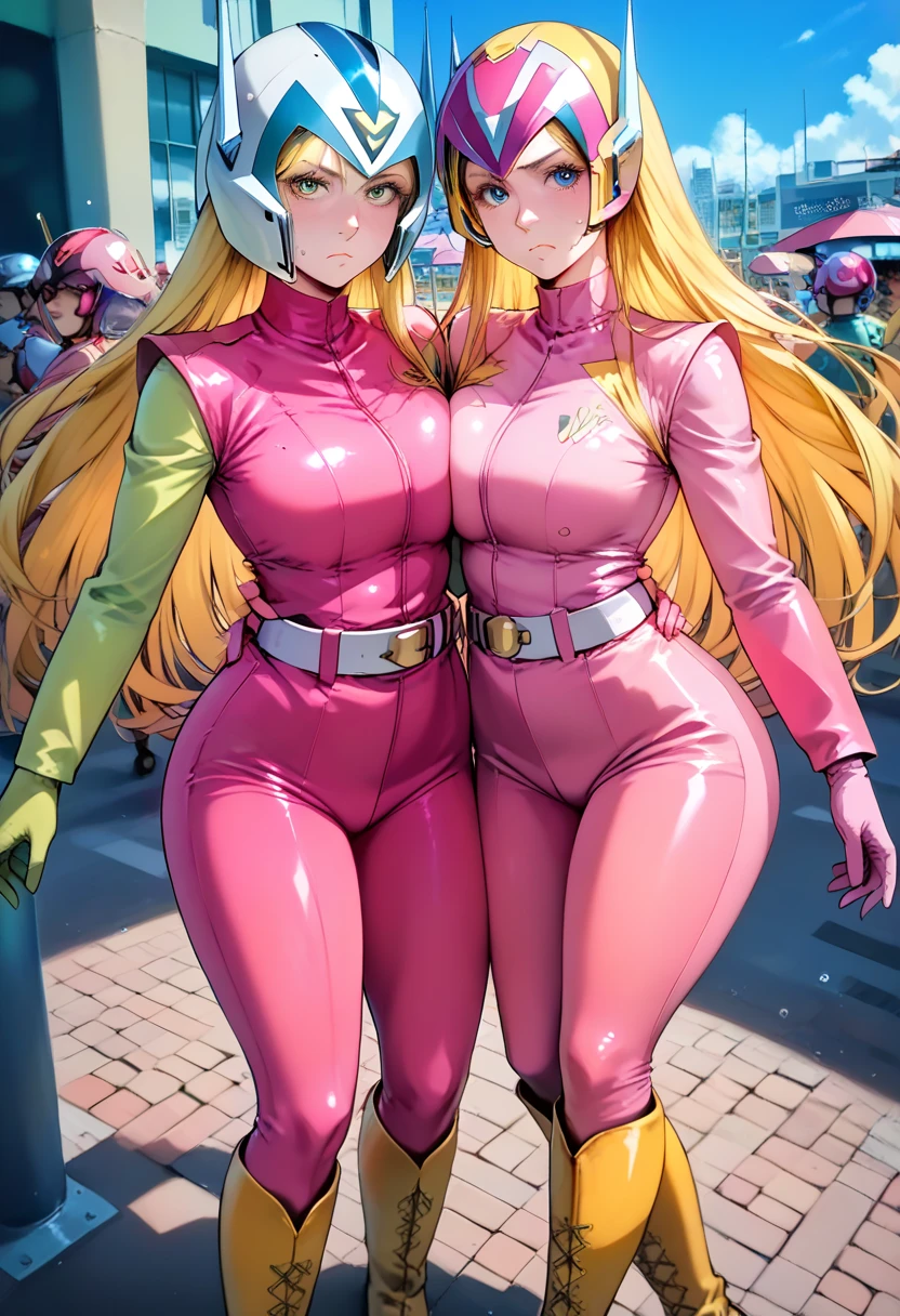 software, (Beautiful red  pants, Yellow  jumpsuit with top,Black Stripe),Red Gloves,(Big Breasts, Beautiful breasts, Very large breasts,), Tall,A giant body of about 3 meters,More macho,Very muscular,Hard muscles,Muscular arms,Firm breasts,Huge Ass,Tight waist, Curvaceous figure,Very large pregnant belly ,, Hollow Eyes,saliva, Drooling a lot,Very bright smile,Keep your mouth wide open,Sweating profusely, trembling, Large amount of steam,Steam from the sides,shortness of breath,Flashy villain makeup,Eyes are hearts,Blushing,The tongue is very long,Best quality,Two girls hugging each other,kiss,Pink Bob Hair