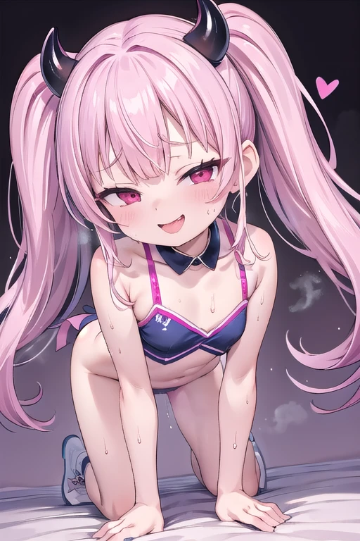 pretty girl、Young face、long silver Hair、long Twin tails、Pink eyeischievous face、Spoiled brat、Immature body、（Small breasts）、（tiny breasts）、smile、Sweat、（Thick thighs:1.5)、（little demon horns and tail）、red  eyes、On all fours、Backwards、looking at viewer、sweat、pink tattoo on her abdomen、ハート型の眼、Open mouth、double teeth、fang、blushing and sticking out her cute tongue, tongue out、sensational、cheerleader with Cheerleader's pom-poms ,wearing a pink cheerleading uniform, buttocks、Gymnasium、Whole body