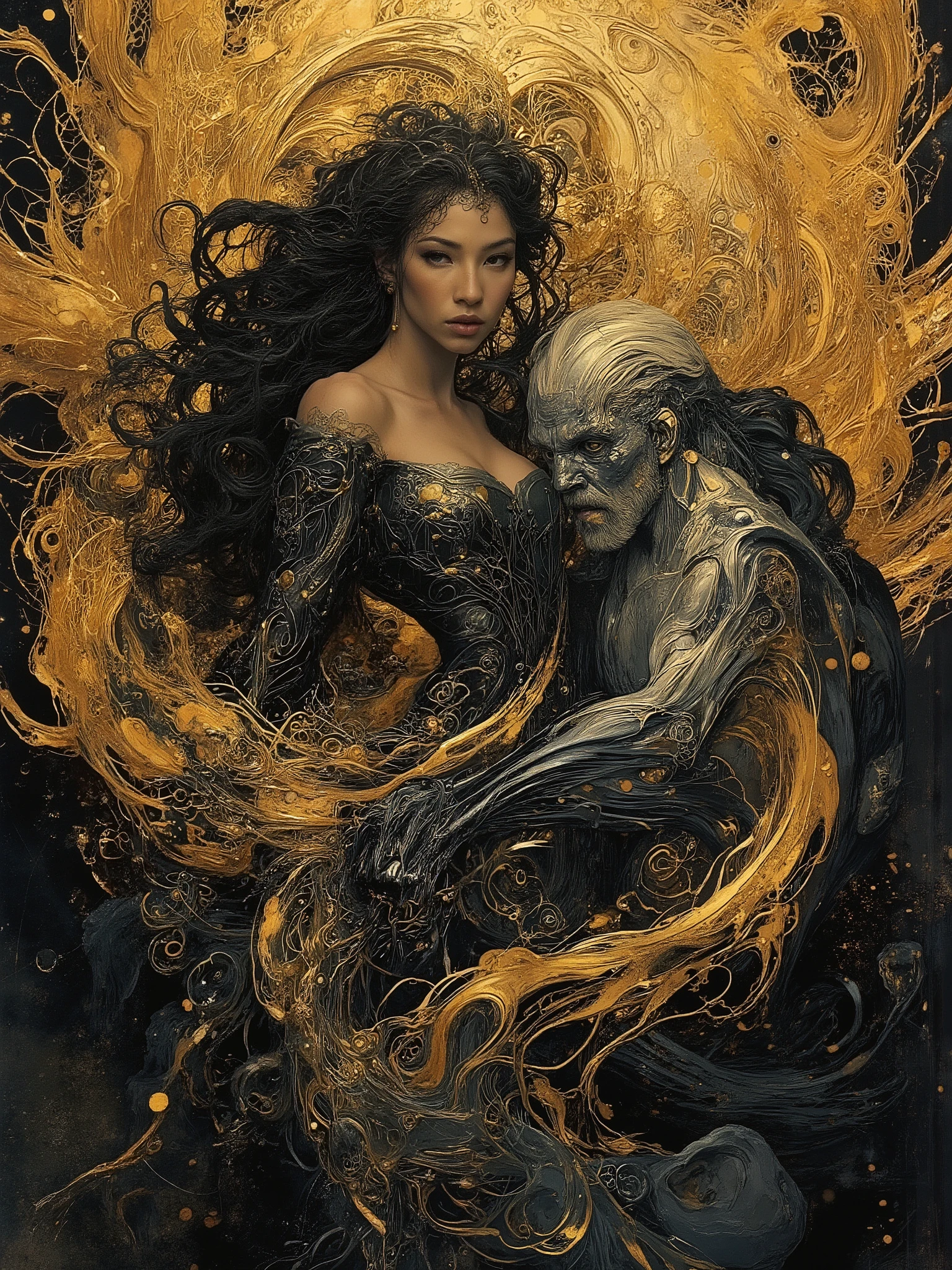 ( one male)A male wizard and (one female) witch. Wizard is 40, beardless, silver haired and handsome with aquiline features with a slender muscular frame dressed in impeccable style with dark coat, vest and leggings. The witch is 5 foot 8, half black and half caucasian, thick in the thighs and ass, curvy and round, and slimmer up top, beautiful with light brown skin cute features , dimpled cheeks and dark curly hair small natural perky breasts , in a low cut dress thats black and silver, mesmerizing in her beauty, shining with inner light and perspiration. They are combining their magics in a swirl of energies that are contrasted greatly because their opposite natures fit perfectly. The world around them shudders at their power and beauty, the harmony of opposites realized and unified in a sacred marriage of existence, light and dark, male and female, all the elements, fire air earth water and spirit, time is dilated and at the center, is a great love that has lasted countless lifetimes. Done in a surreal vivid expressionist style full of power, balance and terrible beauty full of detail and abstract in the swirl of energies.