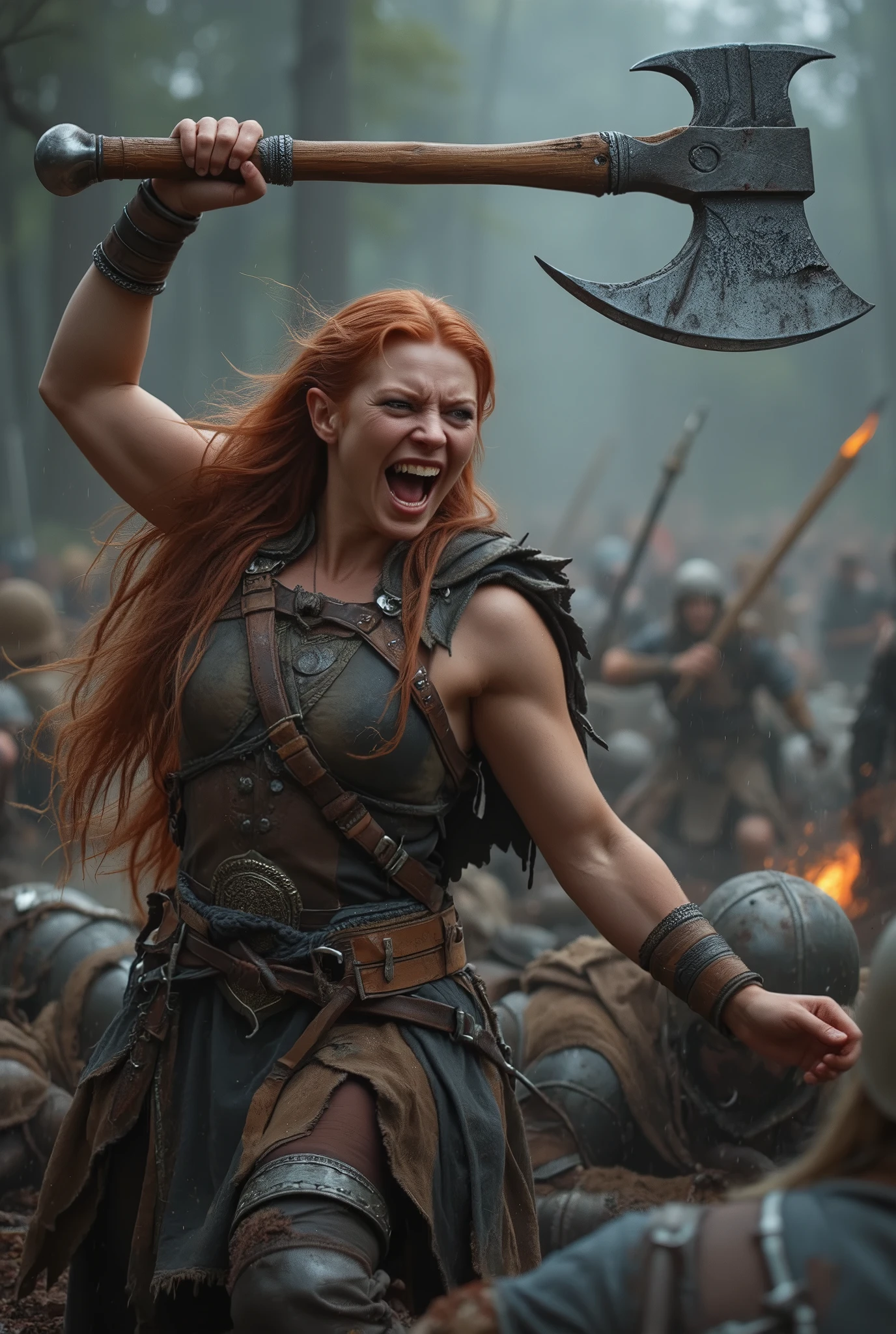 close up,realistic photo, в центре кадра эльфийская девушка-Barbarian(fantasy,farvar warrior with a large two-handed ax),(elf girl (Tolkien) redhead,white leather,bodybuilder's muscular body,(на ней одежды и доспехи Barbarianа из шкуры бурого медведя и метеоритного железа),in her hands is a large two-handed ax with which she cuts enemies (medieval wars) around him, a grimace of anger on her face,A warlike cry,the thick of battle, hits топором,enemies fall hit by her blows,Dynamic scene, battle,muscular sports fignura,Barbarian, dynamic pose,рубит hits топором,(a two-handed ax in her hands, hits ,эльфийская девушка-Barbarian,rage, close up,muscular arms,))