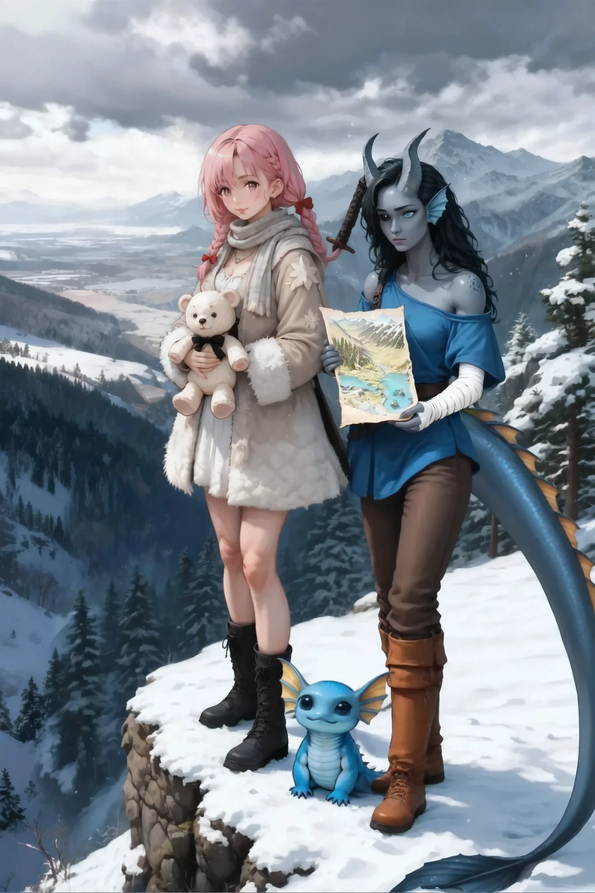 smooth soft skin, finely detailed face, side braid, braided hair,pink hair,<Iroha>,
шедевр, наилучшее качество, Ультрадетализированный, Кинематографическая эмоциональная статическая рамка, 8K UHD, чрезвычайно подробный, Физическая визуализация, HDR. рядом стоит , Kedra, тёмная сине-серая кожа, (полностью чёрный глаз и полностью чёрная склера:1.3), (пигментация на плече:1.2), плавники на голове, тёмные сине-серые рога, распущенные чёрные волосы, бинты на руках, (лучшие руки). (5 тёмных сине-серых пальцев на руках), на фоне заснеженный обрыв. Внизу сидит Character_Fuli,
шедевр, наилучшее качество, Ультрадетализированный, Кинематографическая эмоциональная статическая рамка, 8K UHD, чрезвычайно подробный, Физическая визуализация, HDR. тёмный кадр, darkrain.