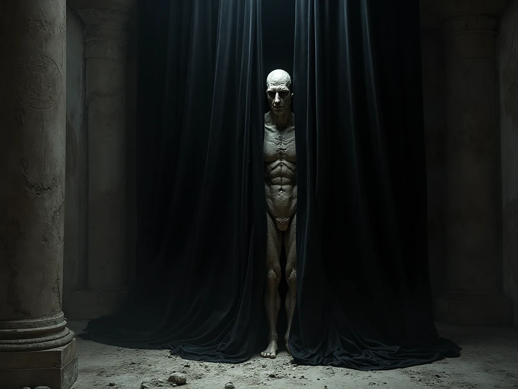 A chilling, cinematic image of a black-haired monster with a twisted, menacing face and long, flowing locks. In the background, the monster stands in a dimly lit, abandoned house, where the only source of light comes from a broken mirror with a blood-stained hand reaching out. The overall atmosphere is eerie and suspenseful, with a sense of impending doom hanging heavy in the air. The monster's eyes gleam with an otherworldly intensity, and its breathing can be heard echoing through the abandoned rooms. The image is captured in high definition, with every detail vividly brought to life - from the monster's grotesque features to the peeling wallpaper and