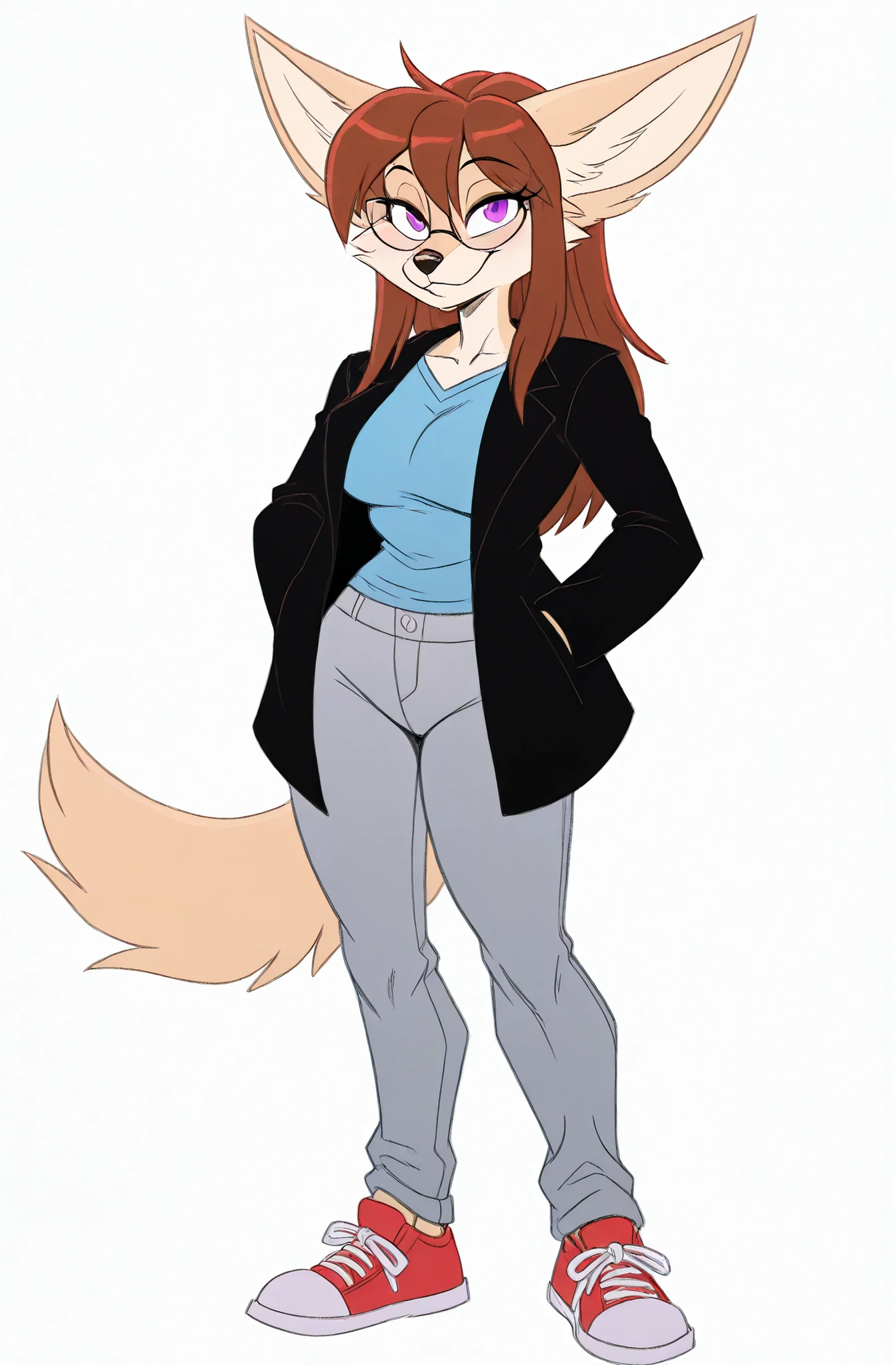 (solo), simple background, anime/manga style, best quality, high resolution, absurdres, BREAK, (adult), uploaded on danbooru, uploaded on e621, [by rick griffin:0.5], [by zeekzag], by sssonic2, [by vivziepop:0.2], [by jrvanesbroek:0.4], female, anthro fennec fox, solo), (medium-length straight hair, brown hairs, bangs), purple eyes, (motherly, happy, hands in pockets), (cute, adorable, nerdy, motherly, open and expressive eyes, milf age, eyeglasses), (black coat, grey pants, red sneakers), (tan body, tan fur, tan tail, tan ears, single color body:1.1), big ears