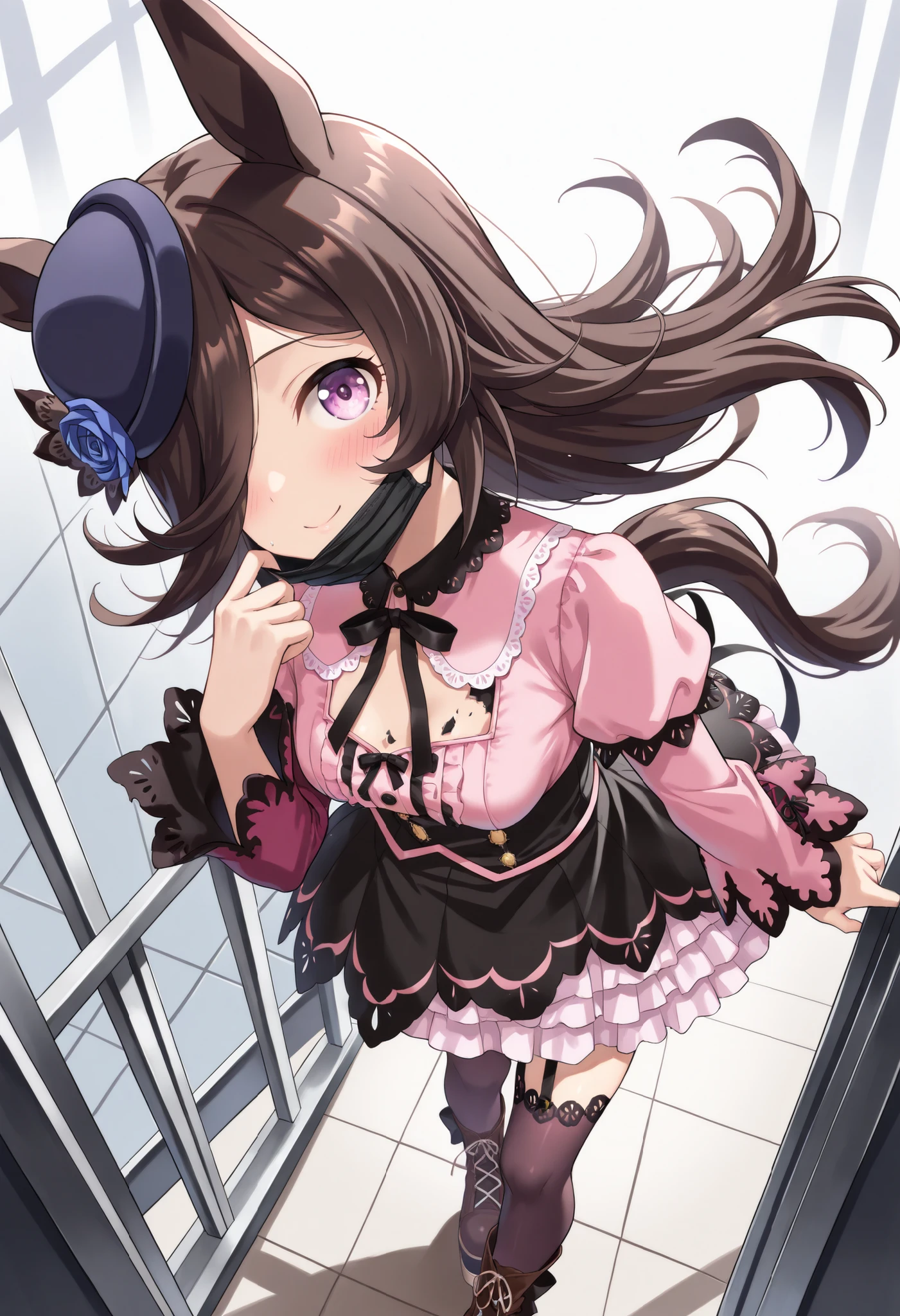 (masterpiece, best quality, perfect face:1.4), wide angle, Rice shower \(umamusume\), brown hair, long hair, purple eyes, bangs, long bangs, long hair, small breasts, hair covering right eye, horse tail, horse ears, ear ornament, (hat), tail on the lower back, proportional body, proportional, charming poses, beautiful hair, beautiful face, beautiful detailed eyes, beautiful clavicle, beautiful body, beautiful chest, beautiful thigh, beautiful legs, beautiful fingers, BREAK (black surgical mask:1.2), (black face mask) covered mouth, (black and pastel pink two tone color Gothic Lolita dress), pastel pink blouse with black ribbon decoration, pastel pink chest area, separate color blouse and sleeves, high neck with blouse collar, slim-fit, black long sleeves with braided decoration, voluminous black puff sleeves, large pastel pink and black ribbon bow on chest, black waist-nipper shaped bodice with front lace-up, layered skirt attached to bodice, black and pastel pink two-tone layered skirt, crinoline, wide A-line, black and pastel pink multi-layered ruffle skirt, black garter belt, (torn) black thigh-high stockings with cutout, (torn black tights), black platform boots, BREAK, blush smile, glossy texture, textured skin, realistic skin, HDR, BREAK, (perfect hands, perfect anatomy),