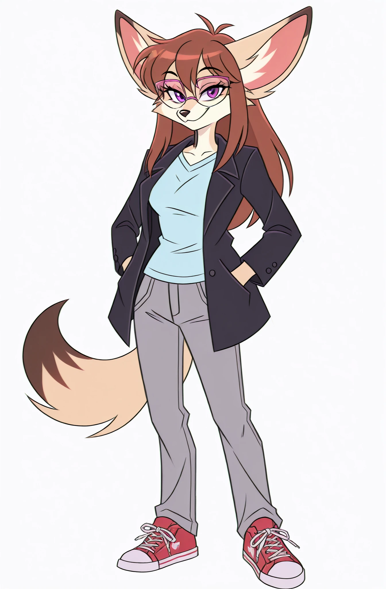 (solo), simple background, anime/manga style, best quality, high resolution, absurdres, BREAK, (adult), uploaded on danbooru, uploaded on e621, by vivziepop, female, anthro fennec fox, solo), (medium-length straight hair, brown hairs, bangs), purple eyes, (motherly, happy, hands in pockets), (cute, adorable, nerdy, motherly, open and expressive eyes, milf age, eyeglasses), (black coat, grey pants, red sneakers), (tan body, tan fur, tan tail, tan ears, single color body:1.1), big ears