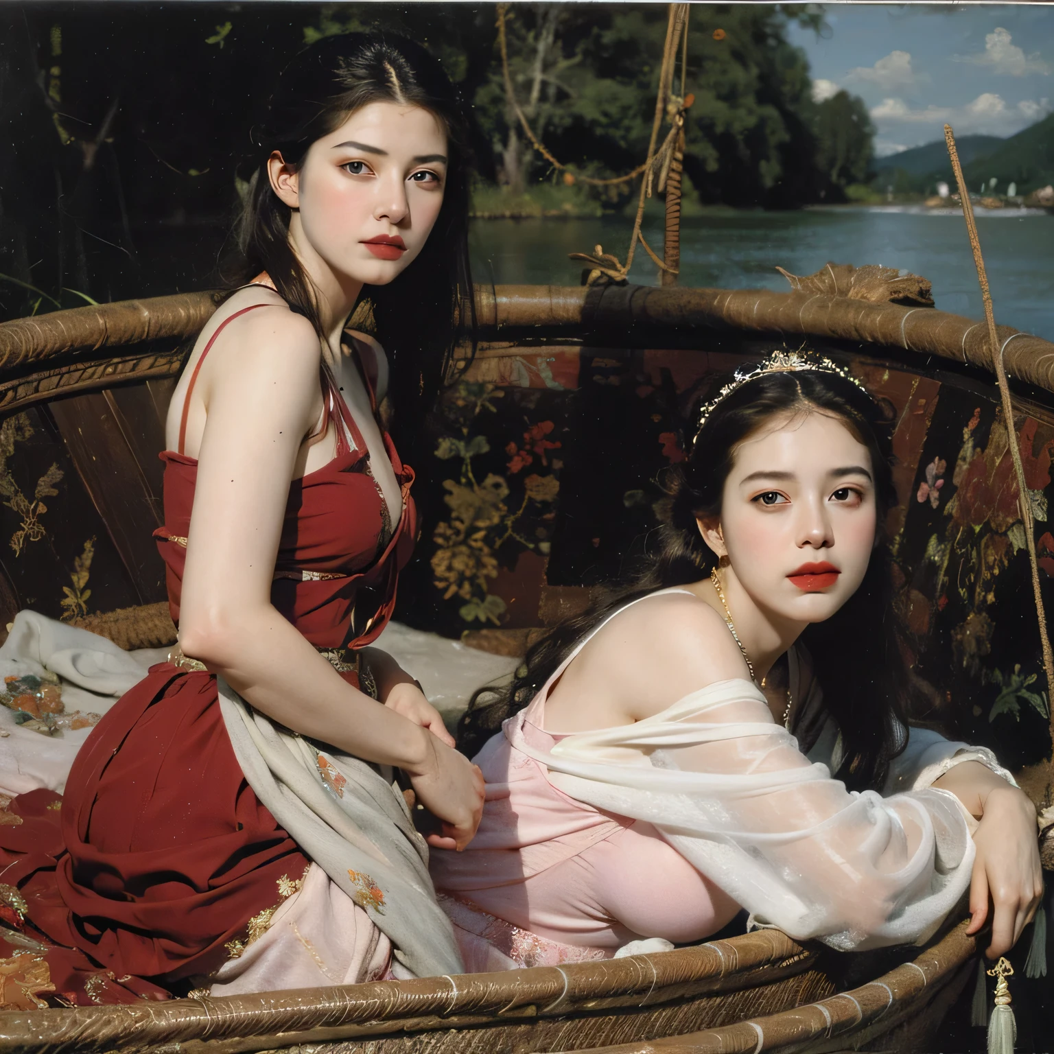 full body portrait or statue、Giorgione painting style,Arguments of two female Philosophe,math、astronomical machine、astronaut、roses in vase、fruits、Cute trinkets、smile、ancient greek costume、Ancient Roman landscape in the style of Nicolas Poussin,laughter,,Sweet and  appearance.、Caravaggio's paintings、Chiaroscuro of Caravaggio、hair tousled by the wind,Two women frolicking,cute smile, expression of ,,,