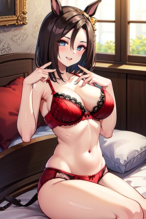 defKale, black eyes, ponytail, crop top, bracer,tight black thighhighs, bracelet,jewelry, shoulders, panties,  looking at viewer, blue eyes, , closed mouth, lingerie, stomach, navel, (red lace bra), (red lace panties),  only, hair ornament, solo, thighs, cleavage, large breastig :1.2),indoors, bra, blush, 1girl, smile, embarrassed,, sitting, Christmas tree background,gift Christmas boxes