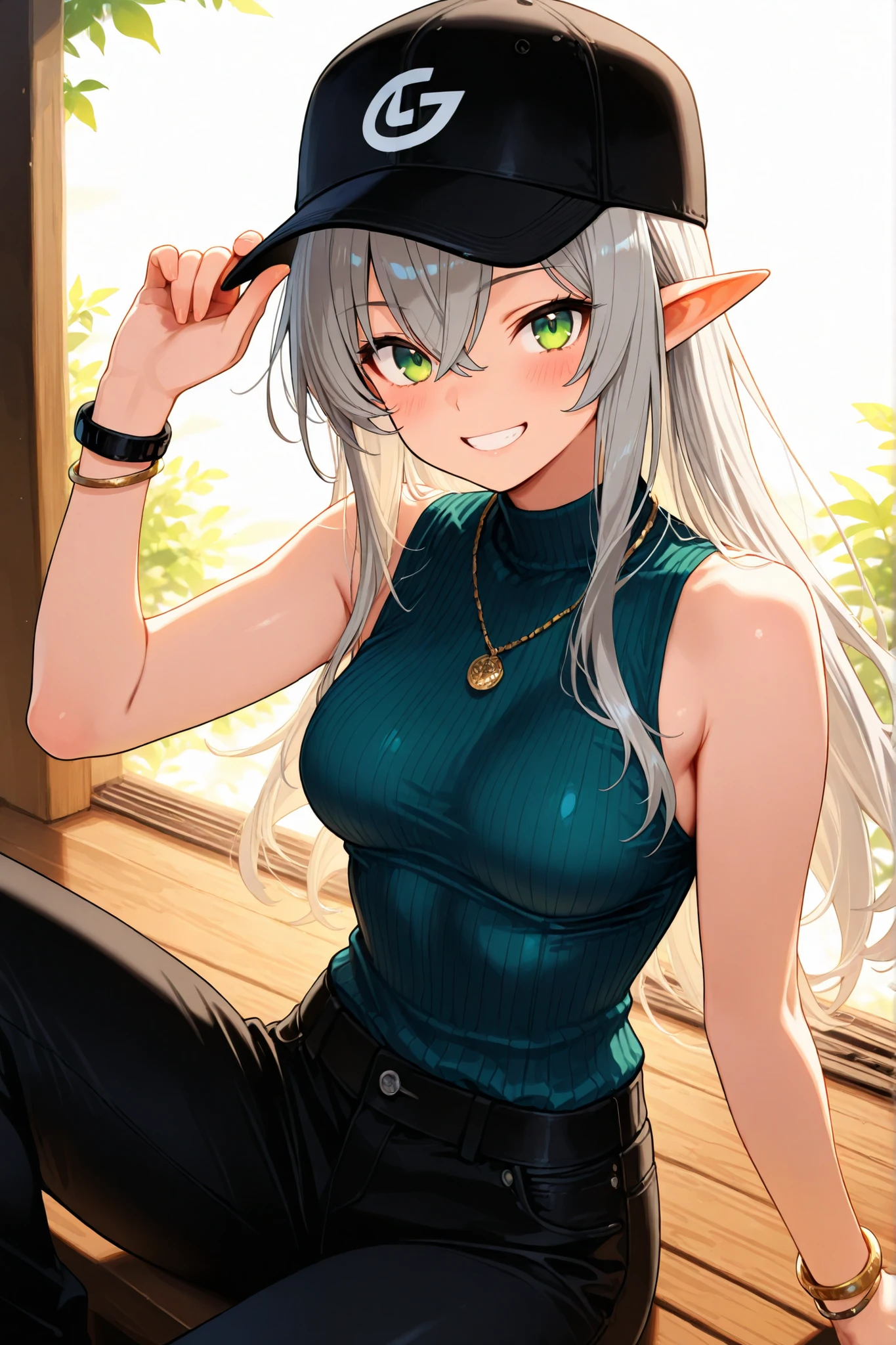 1girl, adjusting headwear, baseball cap, black hat, black pants, blush, bracelet, breasts, crossed bangs, green eyes, grey hair, grin, hair between eyes, hat, jewelry, long hair, looking at viewer, medium breasts, necklace, pants, pointy ears, ribbed shirt, shirt, sitting, sleeveless, sleeveless shirt, smile, solo, scenery,
masterpiece, best quality, good quality