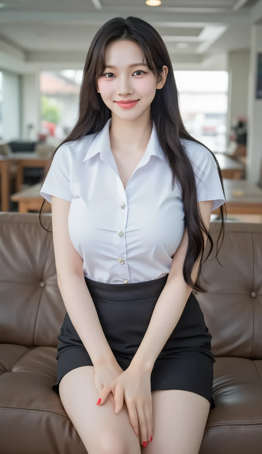 an adult woman, sitting on the living room sofa, body facing the camera, POV from front of body, smiling face looking at the camera, wears white formal shirt, kemeja satin, kemeja ketat, Short sleeve shirt, rok mini hitam, low ponytail hair, rambut hitam, dada besar, lipstik merah tua