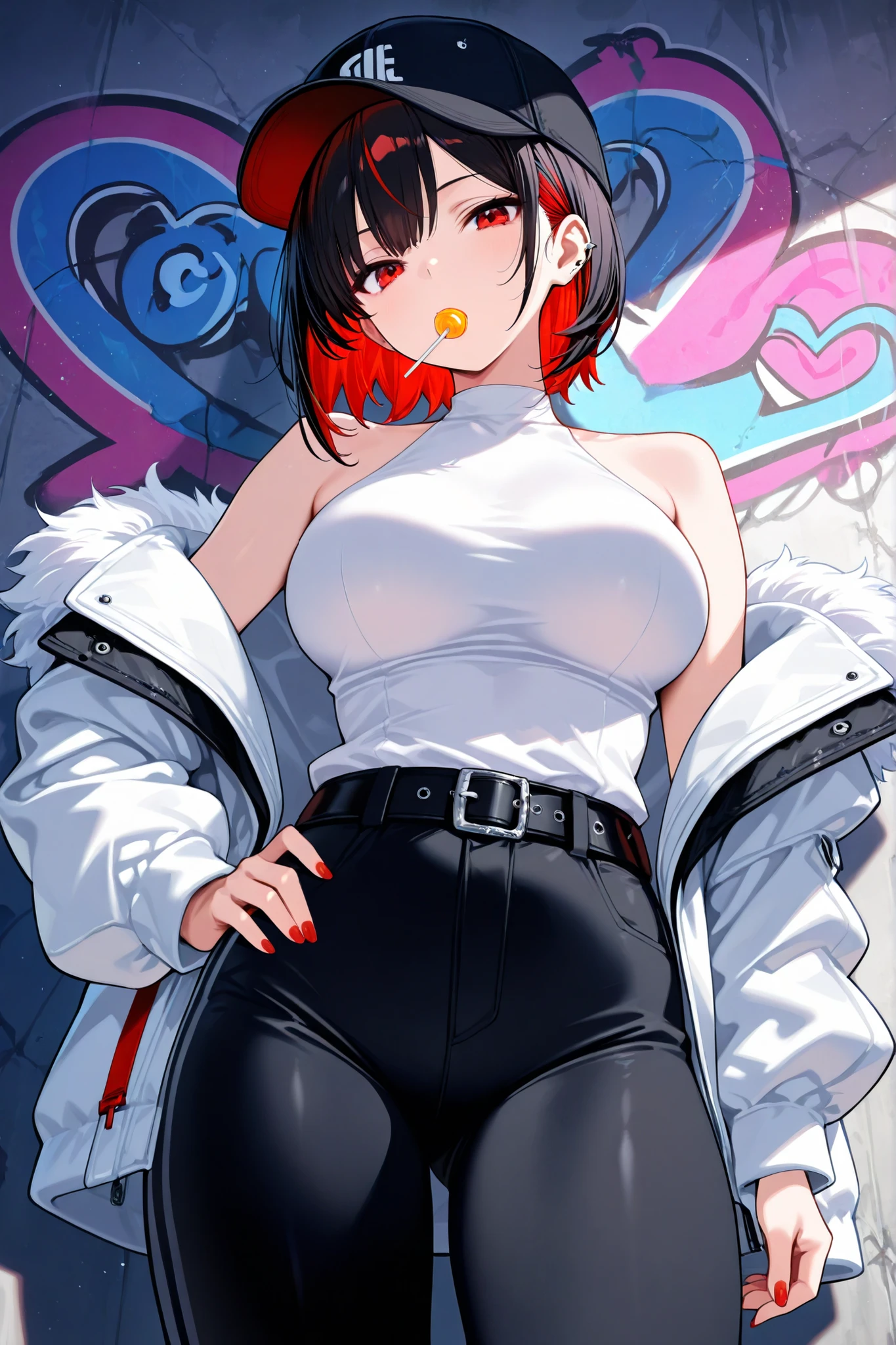 1girl, large breasts, open jacket, sleeveless shirt, food in mouth, lollipop, red eyes, open clothes, candy, colored inner hair, multicolored hair, short hair, black hair, looking at viewer, hat, white jacket, off shoulder, black pants, bare shoulders, long sleeves, black headwear, red hair, white shirt, cowboy shot, red nails, black belt, fur trim, standing, hand on own hip, two-tone hair, nail polish, from below, halterneck, baseball cap, mouth hold, leggings, dutch angle, ear piercing, puffy sleeves, graffiti,
masterpiece, best quality, good quality