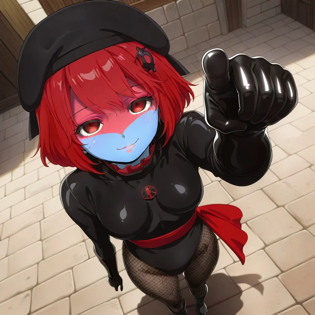 fille d'influence dans une rue ensoleillée, cheveux noirs, grands yeux bleus, débardeur bleu moulant, micro jupe bleue, chaussures bleues, Tour de cou bleu,on voit son petit cul