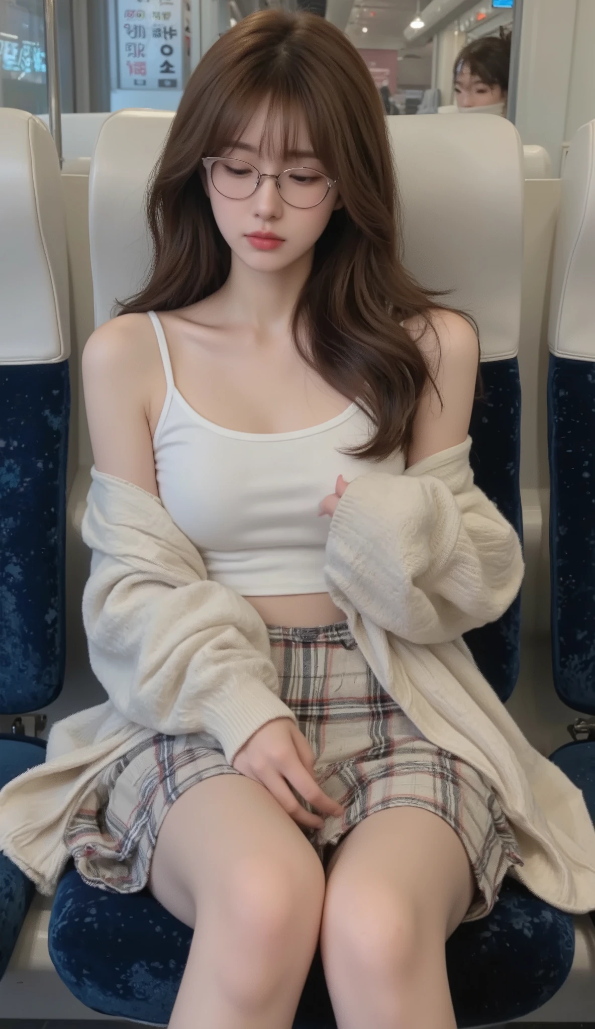 ((Highest quality、Masterpiece、 High sensitivity 、high resolution、Detailed description、exquisite face depiction、Fvalue:6.0)),((slim woman、wearing glasses)),advanced digital art 、tank top、Plaid miniskirt、Summer cardigan、sitting on the opposite seat of the train、 tired and sleepy 、