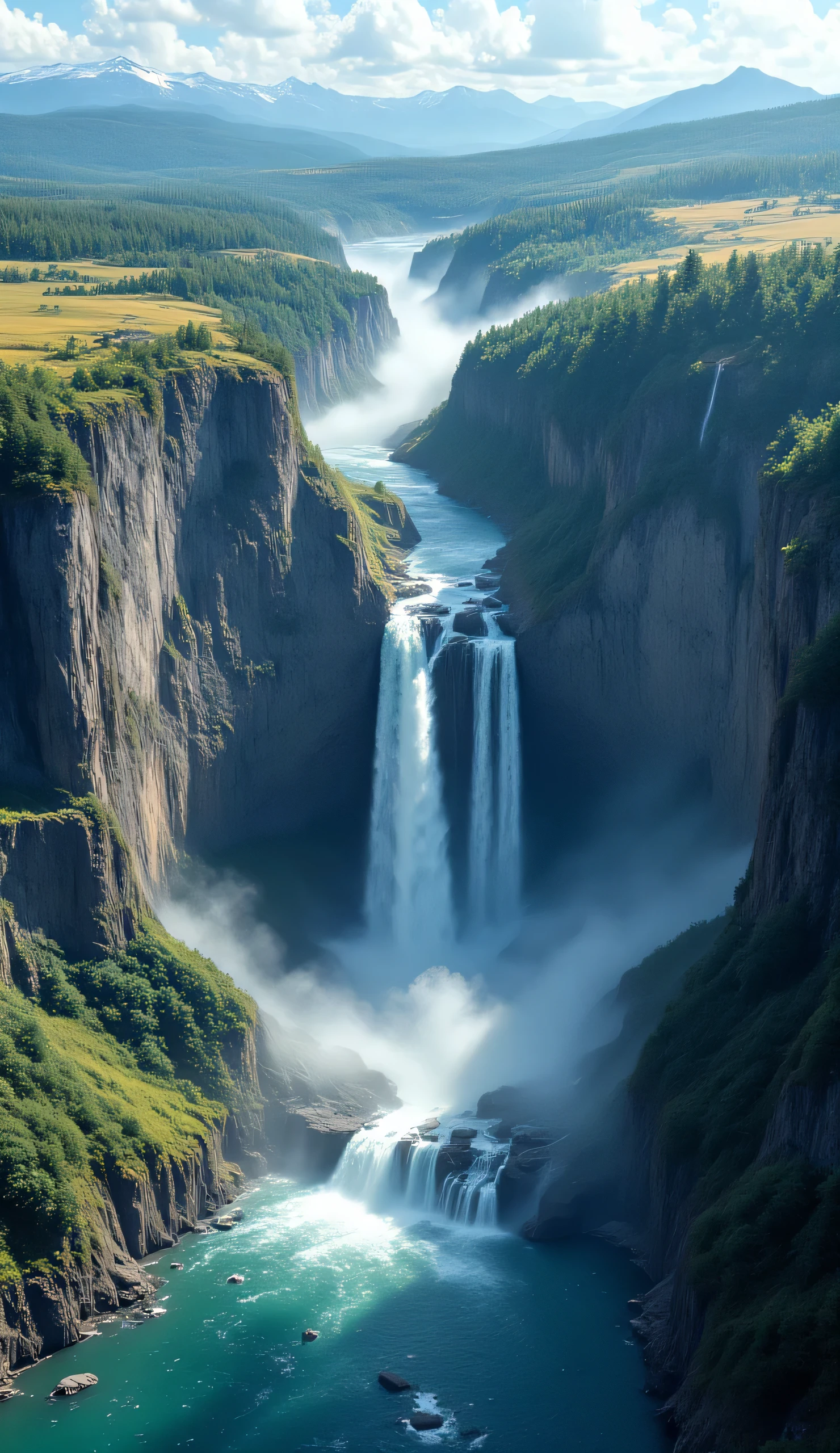 A high-altitude drone shot showing a massive cliff with a large lake at the bottom. On top of the cliff, clearly separated and far apart, flow three straight rivers. The first river is on the left and flows from north to south. The second river is in the middle and flows from west to east. The third river is on the right and flows from east to west. All three rivers remain completely separate until they reach the edge of the cliff. Each river creates its own waterfall as it drops off the cliff. The three waterfalls fall parallel to each other and collide violently in midair exactly halfway down, creating a huge explosion of mist and water spray. After this collision, the three waterfalls merge into one single, powerful waterfall that continues down into the lake. The directions of the rivers must be clearly visible, and the scene should appear realistic, detailed, and cinematic.