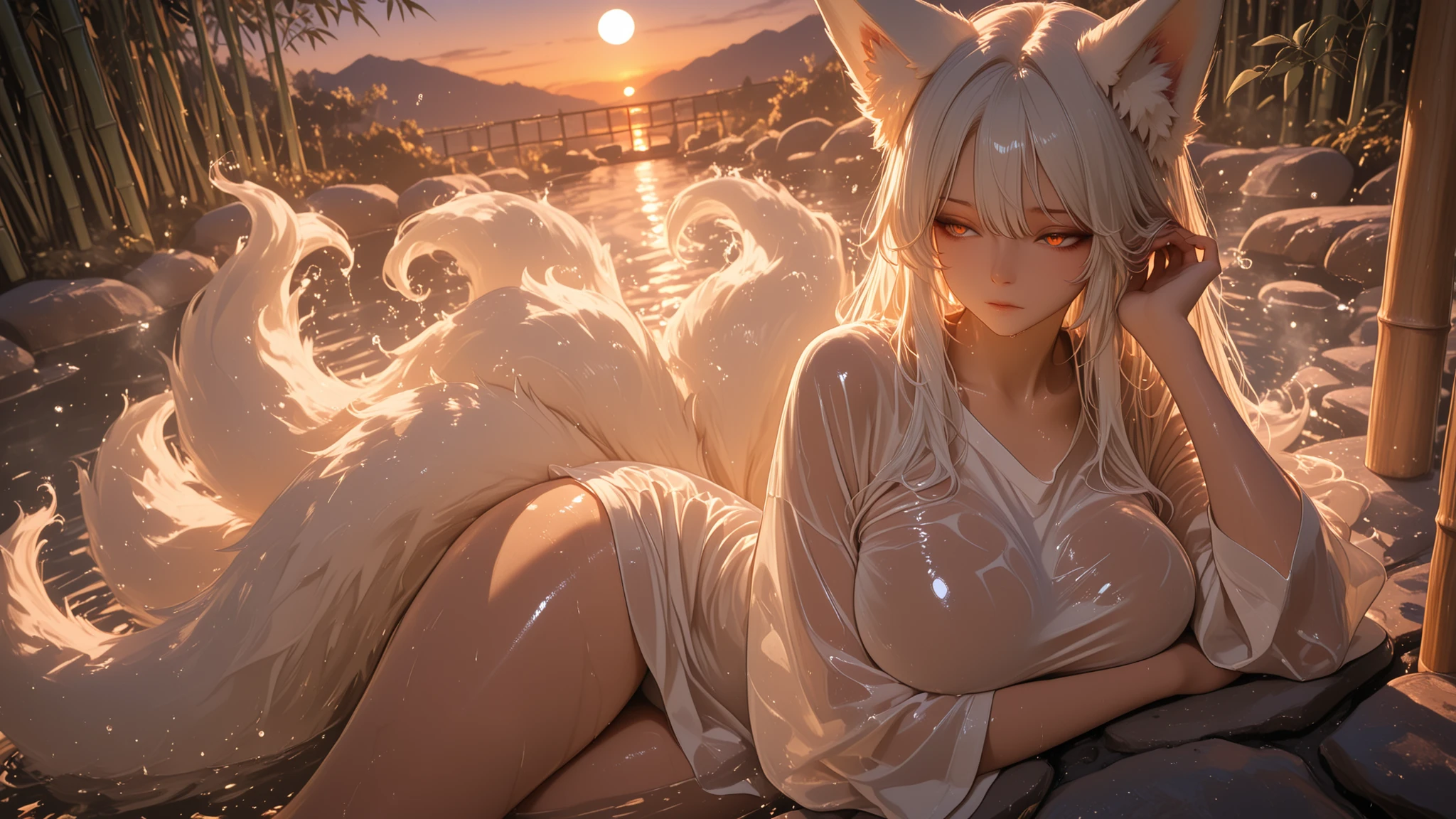 big round shirt , Thigh Cheerleader Dress , Masterpiece , 8k , Highest quality , details , , Digital Drawing , super detailed , Hot spring fox spirit , (detailed eyes:1 . 2) , Beautiful Woman Bathing in a Spring hot water , big breast , Reveal Her True Form , Nine Tails Appear , Evaporated Mist , , Japanese traditional hot spring background , Stone and bamboo landscape , Moonlight Through the Trees , , Surreal air , Sophisticated Magic Pearls , Semi-transparent Silk Shirt , wet hair , mystical aura , Illustration . Light with Polished Accents , shiny skin , Sunset light , strong shadow , rich detail , dynamic angle , shiny skin , Sunset light , strong shadow , rich detail , dynamic angle , dynamic lighting