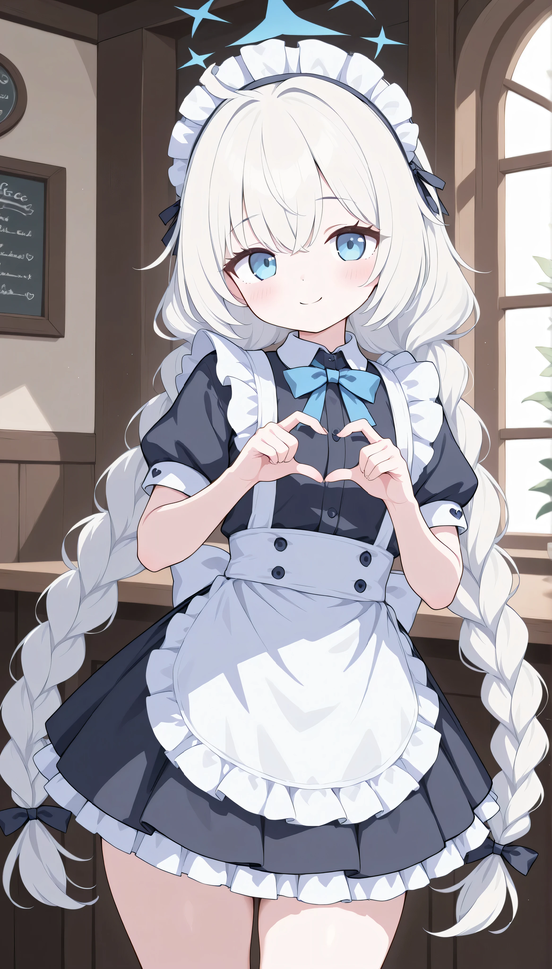 Tachiki Maia,white hair,blue eyes,very long hair,twin braids,halo,loli, solo, I can see my eyebrows from the inside of my hair, hair between eyes, masterpiece, Best Quality, very aesthetic, thick thighs, Wide pelvis, blush, madi apron, maid, maid headdress, short sleeves, indoor, cafe, looking at viewer, smile, Heart finger,