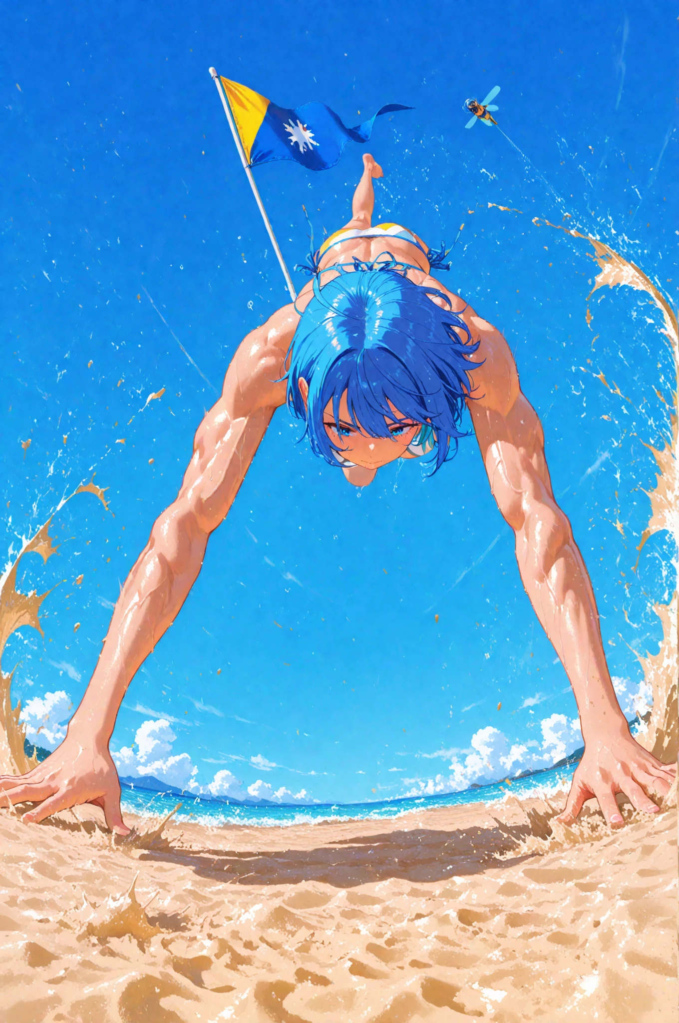 cerulean sea, snow white sand, beautiful anime guy, huge seashells, jellyfish