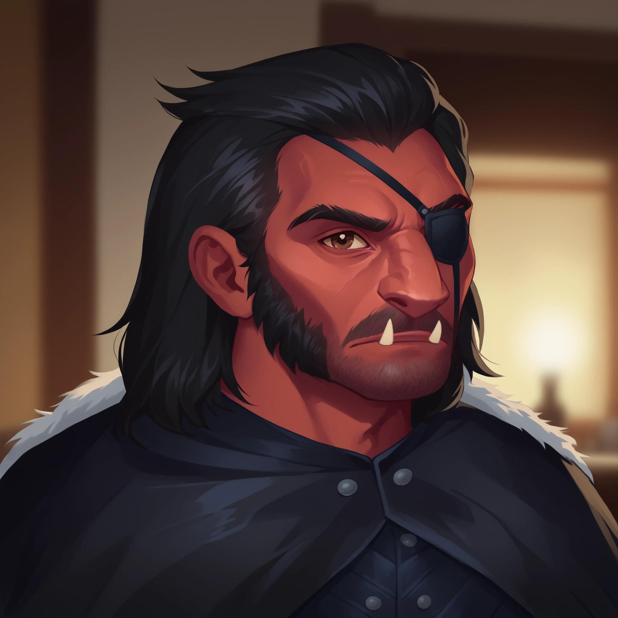 (((beautiful, high quality, comics style, detailed face))), score_9, score_8_up, score_7_up, masterpiece, best quality, unrealistically high details, extremely high quality, ultra-high detail, good anatomy, rating_explicit, perfect anatomy, anatomically correct hands:1.5, blurred background, detailxl, DeepNegative_xl_v1, zPDXL3, Score_PnyReal, deep_negative_pony, ((bust portrait)) BREAK 25yo male, strong, hobgoblin, red skin, fangs, big nose, (bob hair, black hair, brown eyes), eye-patch on the left eye BREAK wears a black leather-armor, black fur cape, ((frontal view, facing the viewer)) BREAK, detailed face natural, expressive face, grand hall, winter weather, moonlit night through large gothic windows, holiday theme BREAK (expressive face, expressive body, expressive emotions, dynamic pose, intense gaze, lively eyes, detailed facial expression, engaging presence:0.5)