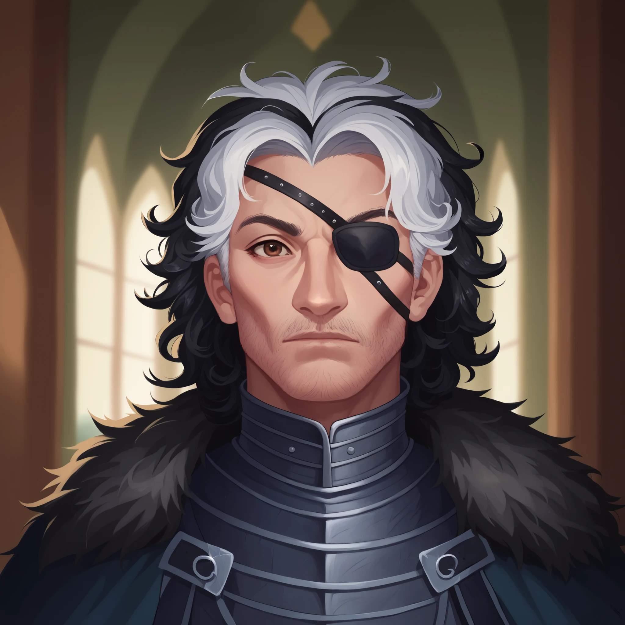 (((beautiful, high quality, comics style, detailed face))), score_9, score_8_up, score_7_up, masterpiece, best quality, unrealistically high details, extremely high quality, ultra-high detail, good anatomy, rating_explicit, perfect anatomy, anatomically correct hands:1.5, blurred background, detailxl, DeepNegative_xl_v1, zPDXL3, Score_PnyReal, deep_negative_pony, ((bust portrait)) BREAK nobleman, knight, human, 22yo male, hobgoblin, latin appearance, (messy curly hair, bob hair, black hair, white hair, brown eyes), eye-patch on the left eye BREAK wears a black leather armor, blak fur cape, ((frontal view, facing the viewer)) BREAK, detailed face natural, expressive face, grand hall, winter weather, moonlit night through large gothic windows, holiday theme BREAK (expressive face, expressive body, expressive emotions, dynamic pose, intense gaze, lively eyes, detailed facial expression, engaging presence:0.5)
