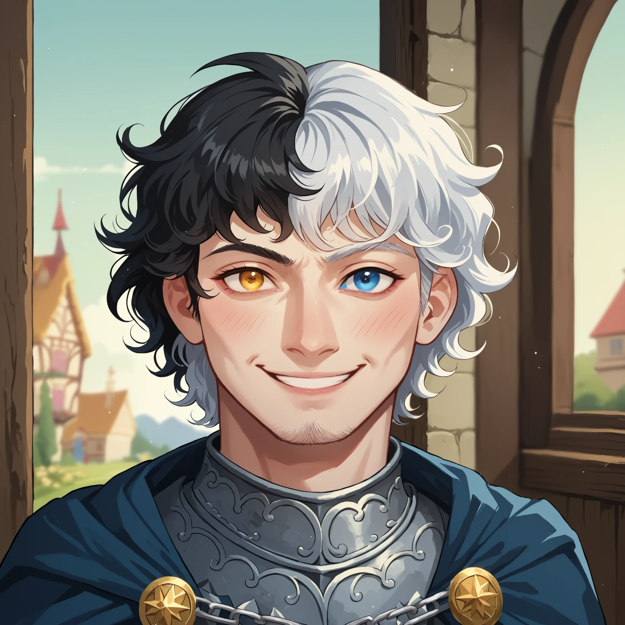 (((beautiful, high quality, comics style, detailed face))), score_9, score_8_up, score_7_up, masterpiece, best quality, unrealistically high details, extremely high quality, ultra-high detail, good anatomy, rating_explicit, perfect anatomy, anatomically correct hands:1.5, blurred background, detailxl, DeepNegative_xl_v1, zPDXL3, Score_PnyReal, deep_negative_pony, ((bust portrait)) BREAK nobleman, knight, human, 22yo male, hispanic, latin appearance, (messy curly hair, short hair, split-color hair, black hair, white hair, heterochromia, golden eyes, blue eyes, two-tone hair), BREAK wears a chain mail, blue tabard, ((frontal view, facing the viewer)), confident smile, BREAK, detailed face natural, expressive face, grand hall, winter weather, moonlit night through large gothic windows, holiday theme BREAK (expressive face, expressive body, expressive emotions, dynamic pose, intense gaze, lively eyes, detailed facial expression, engaging presence:0.5)