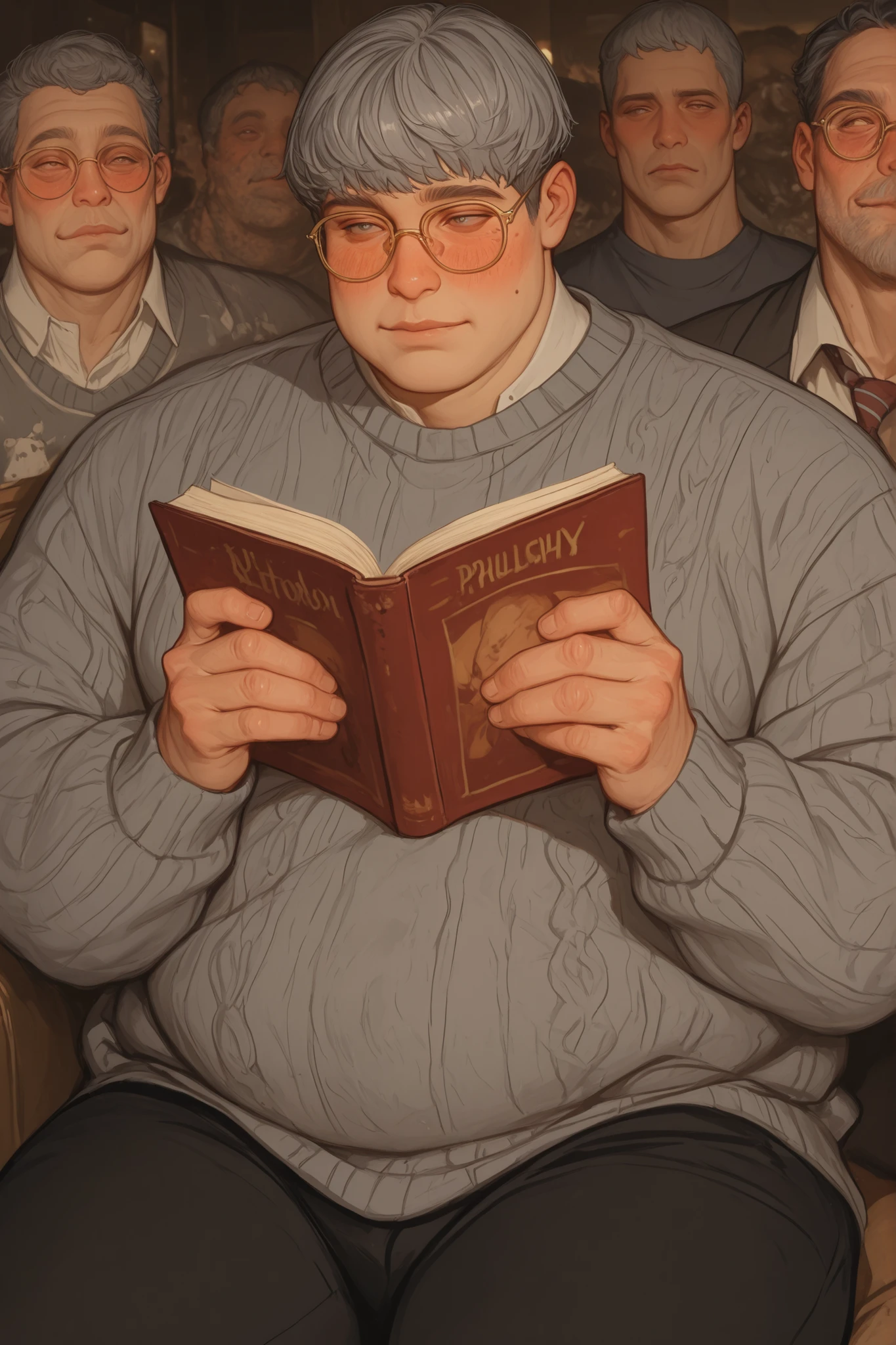 1 man, Semi-realistic chubby older man, nerdy, bowl hair cut, bowl cut hair style, grey hair, grey muttom chops, dressed in grey pattenred sweaters and cardigans with black pants. Reading a book and blushing, acne scars, pimples, moles, blemishes, ugly, wearing halfmoon gold glasses, chubby, masculine, hairy, obese, old, wrinkly, 1 man, nerd, nerdy