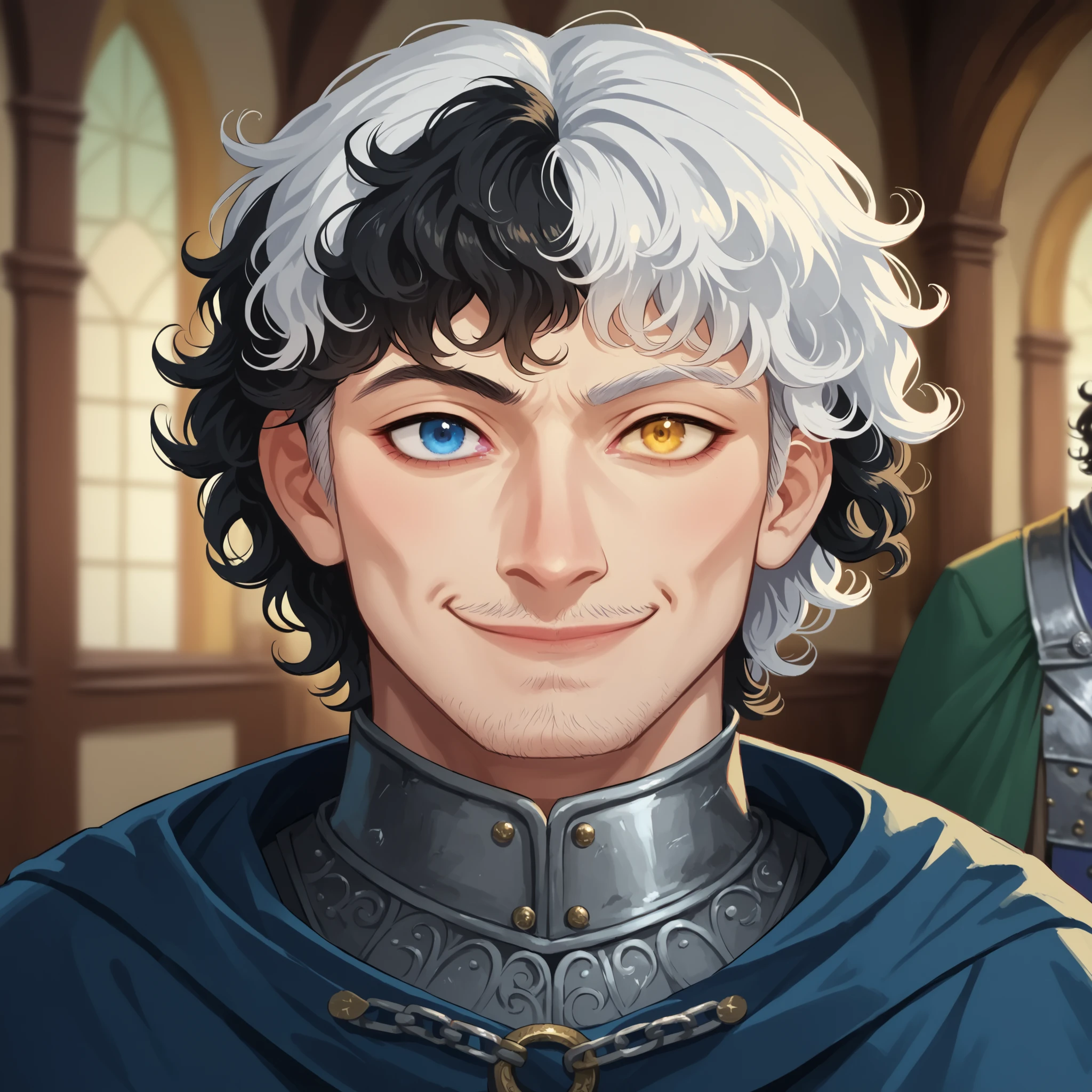 (((beautiful, high quality, comics style, detailed face))), score_9, score_8_up, score_7_up, masterpiece, best quality, unrealistically high details, extremely high quality, ultra-high detail, good anatomy, rating_explicit, perfect anatomy, anatomically correct hands:1.5, blurred background, detailxl, DeepNegative_xl_v1, zPDXL3, Score_PnyReal, deep_negative_pony, ((bust portrait)) BREAK nobleman, knight, human, 22yo male, hispanic, latin appearance, (messy curly hair, short hair, split-color hair, black hair, white hair, heterochromia, golden eyes, blue eyes, two-tone hair), BREAK wears a chain mail, blue tabard, ((frontal view, facing the viewer)), confident smile, BREAK, detailed face natural, expressive face, grand hall, winter weather, moonlit night through large gothic windows, holiday theme BREAK (expressive face, expressive body, expressive emotions, dynamic pose, intense gaze, lively eyes, detailed facial expression, engaging presence:0.5)