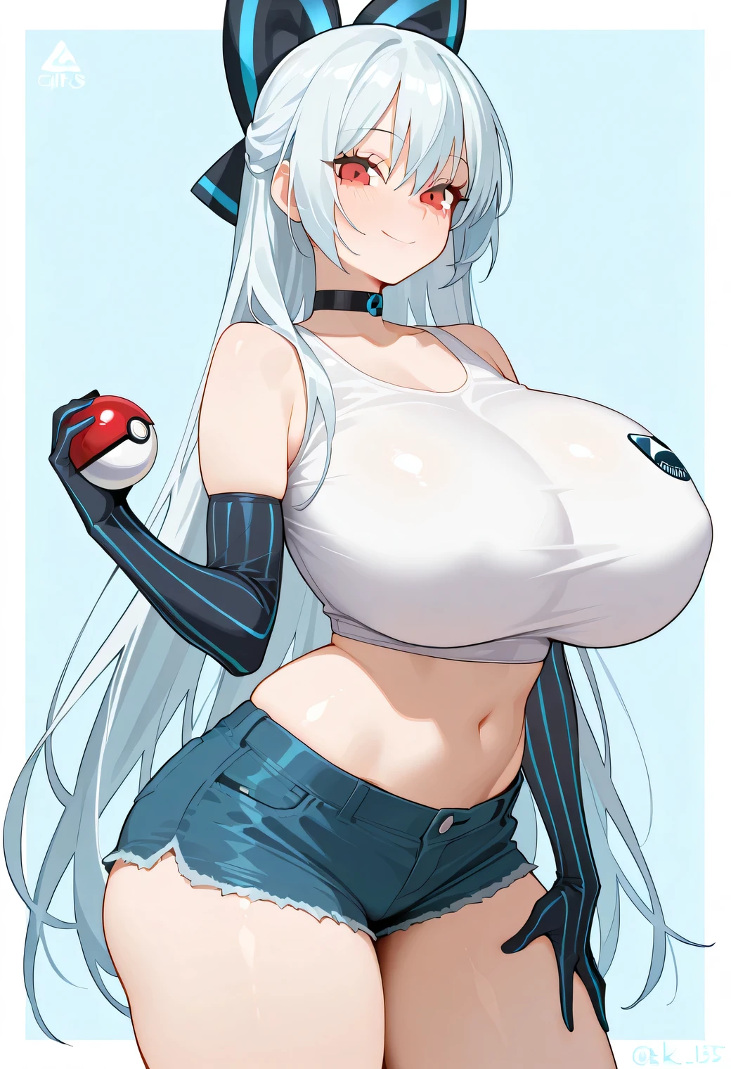 Masterpiece, source_anime, top-quality, perfect anatomically, correct , sharp focus, 4K, 8K, anime girl, highres, youthful, 1girl, solo, bright skin, Tokarev (Girls Frontline), beautiful face girl, ultra detail, correct details, perfect details, pokemon trainer girl, white hair, long hair, red eyes, eyes detailed, eyelashes, bangs,  eyes, smile, close mouth, looking at viewer, sensual, curvy, highres, slim waist, tall:1.3, very , , , :2.7, thick , thick , thick thighs, beautiful shape , ,  bigger than head, beautiful shape , short shorts, blue shorts, light blue crop top, sleeveless, dark blue armsleeves, black glovese, choker, cap(red and white), pokeball logo on cap, left hand on hip, raise right hand, holding a pokeball in right hand, standing,  pose, arched back, dynamic pose, back view, behind view, close up, upper body, safe for work