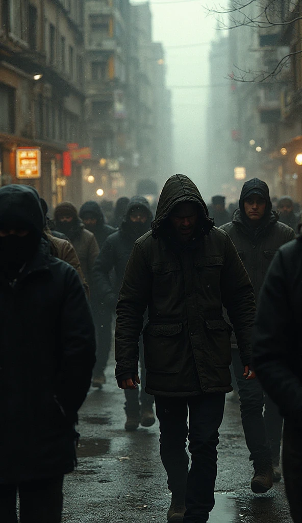 An intense moment inside the train cabin, showing the crew members being overpowered by the masked robbers, conveying the shock and fear during a heist