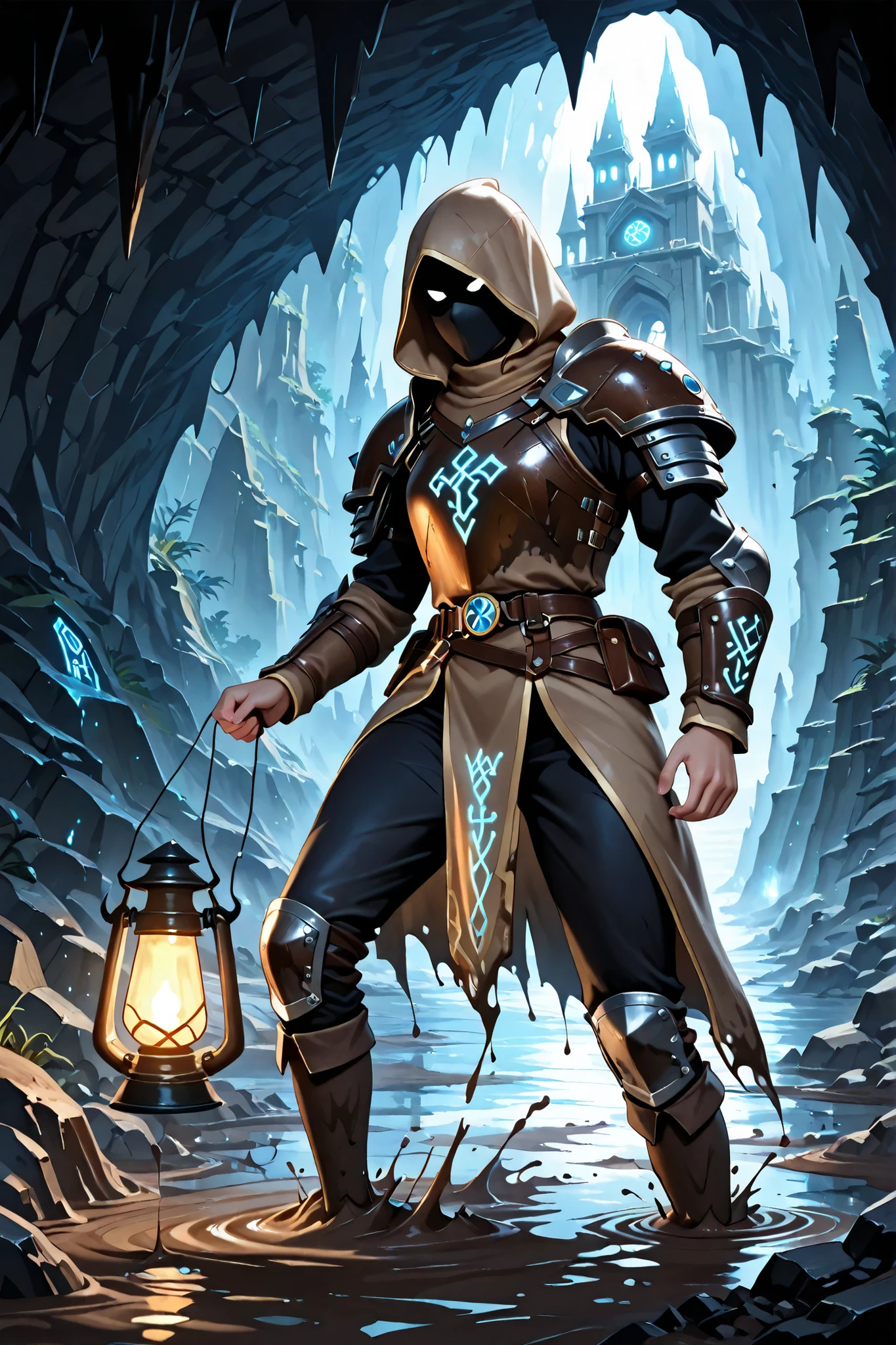 (masterpiece, best quality, ultra-detailed, cinematic lighting, fantasy realism),
(a female explorer navigating through a muddy cave, using a magical lantern for light, clothing and face covered in dirt and mud, determined adventurous expression, fantasy-style explorer outfit with leather armor and utility gear),
(background: ancient cave ruins filled with mud and magical artifacts, glowing runes etched into broken stone walls, towering mystical statues half-buried in mud, shattered pillars and mysterious carvings, creeping fog and enchanted atmosphere),
(lighting: soft glowing light from lantern and runes, misty reflections on wet surfaces, deep shadows enhancing mystery),
(fantasy archaeology, enchanted mystery and danger, richly textured, 4k illustration)