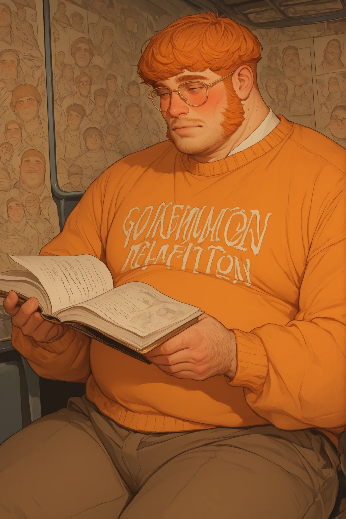 1 man, Semi-realistic chubby older man, nerdy, bowl hair cut, bowl cut hair style, ginger hair, ginger mutton chops, thick ginger side burns, dressed in light orange pattenred sweaters and cardigans with brown pants. Reading a book and blushing, acne scars, pimples, moles, blemishes, ugly, wearing halfmoon gold glasses, chubby, masculine, hairy, obese, old, wrinkly, 1 man, nerd, nerdy, pathetic, maritime themes, sea art