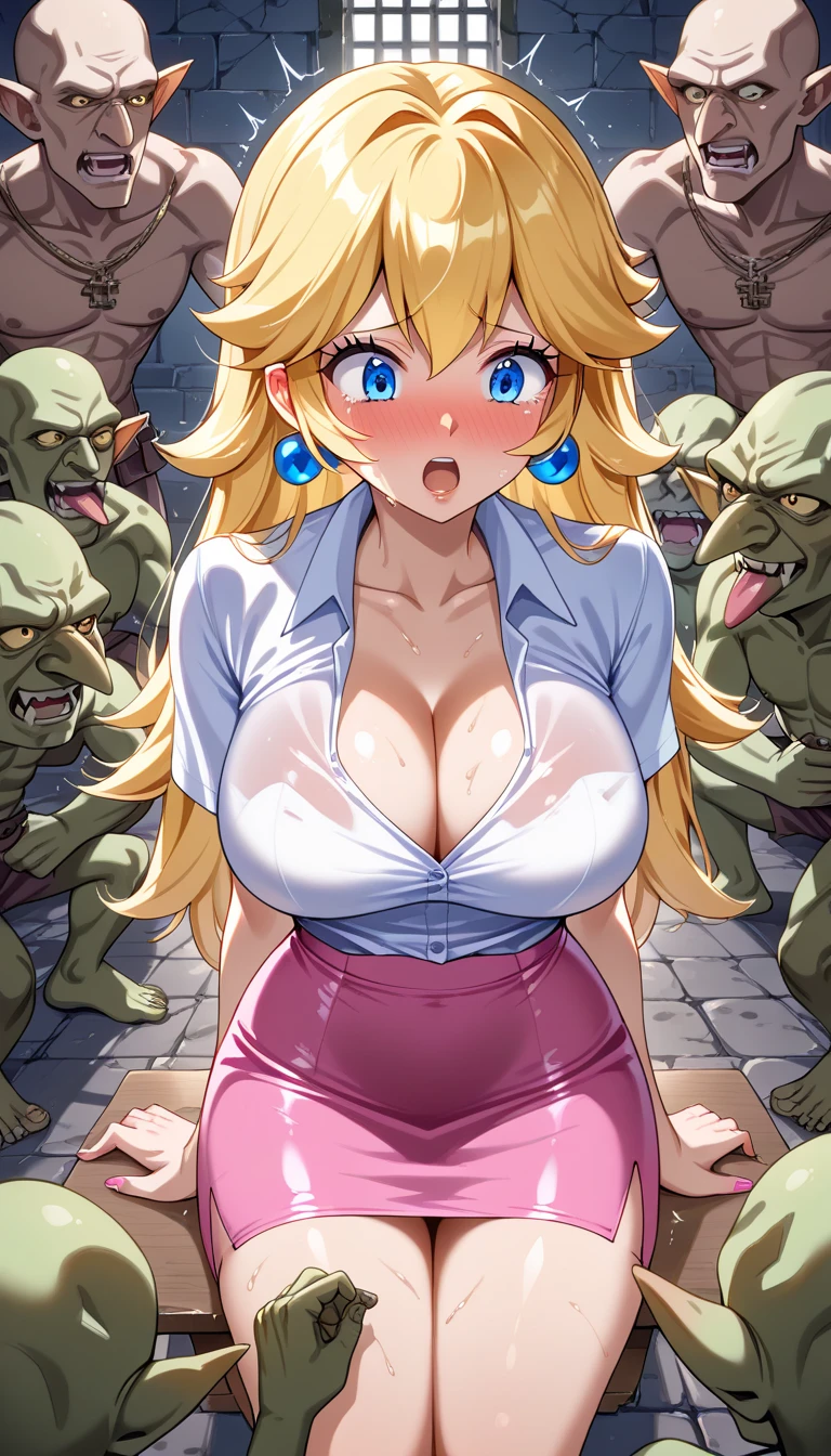  goblin with  and huge horse , , darkness \(konosuba\), darkness attacked by goblins, 1 pregnant girl, ,  filled with , full body, detailed, realistic, on her knees, cave, blushing, arms raised, yellow hair, , , anime_source, dark theme, low light, 