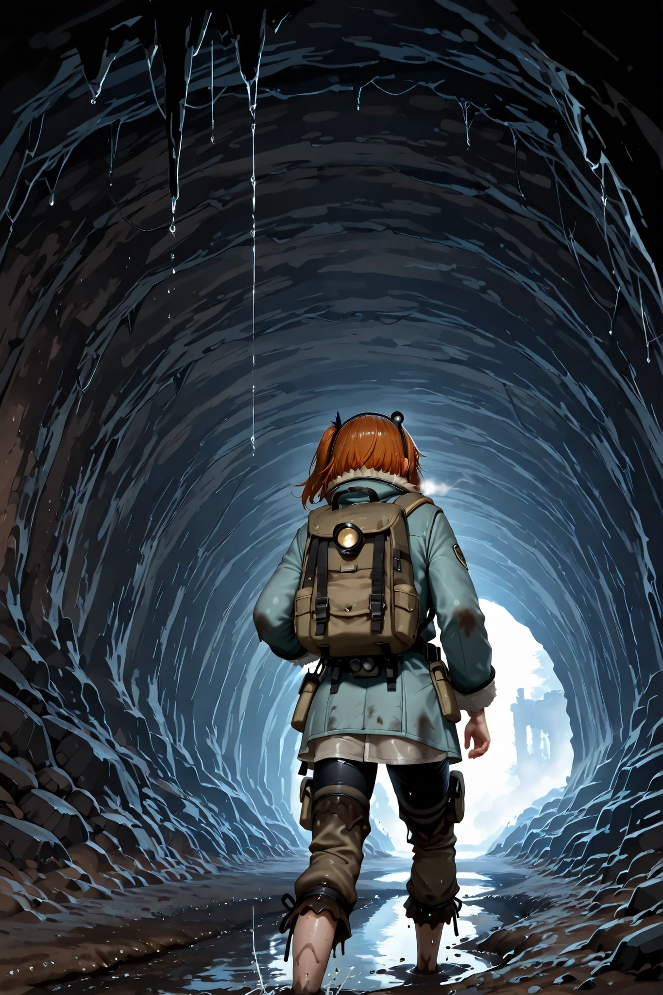 (masterpiece, best quality, ultra-detailed, cinematic lighting, photorealistic textures),
(a female explorer crawling through a muddy cave, headlamp illuminating her path, rugged explorer outfit, dirt and mud smeared on face and clothing, determined expression, carrying survival gear and a backpack),
(background: dark damp cave with thick mud on the ground, stalactites overhead, dripping water, narrow passageways, wet cave walls reflecting light, mist and fog in the air),
(lighting: strong focused beam from headlamp cutting through darkness, soft reflections, deep shadows for atmosphere),
(gritty adventure tension, survival realism, 4k illustration)