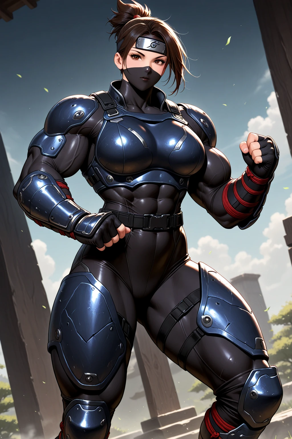 ((((Massive, beautiful, buff, muscular pale white skinned female ninja with royal blue hair, black lipstick, ginormous bulky muscles, holding a royal blue fire sword and wearing a royal blue cybernetic ninja armor with pants)))), (close view), black eyeliner, massive muscles, large breast, massive biceps, hyper muscle triceps, (long wavy curly hair), white eyes, mask, ninja boots, In a futuristic city, steel ninja armor, nighttime, closed smile, hyper muscles arms, hyper muscle legs, ginormous arms
