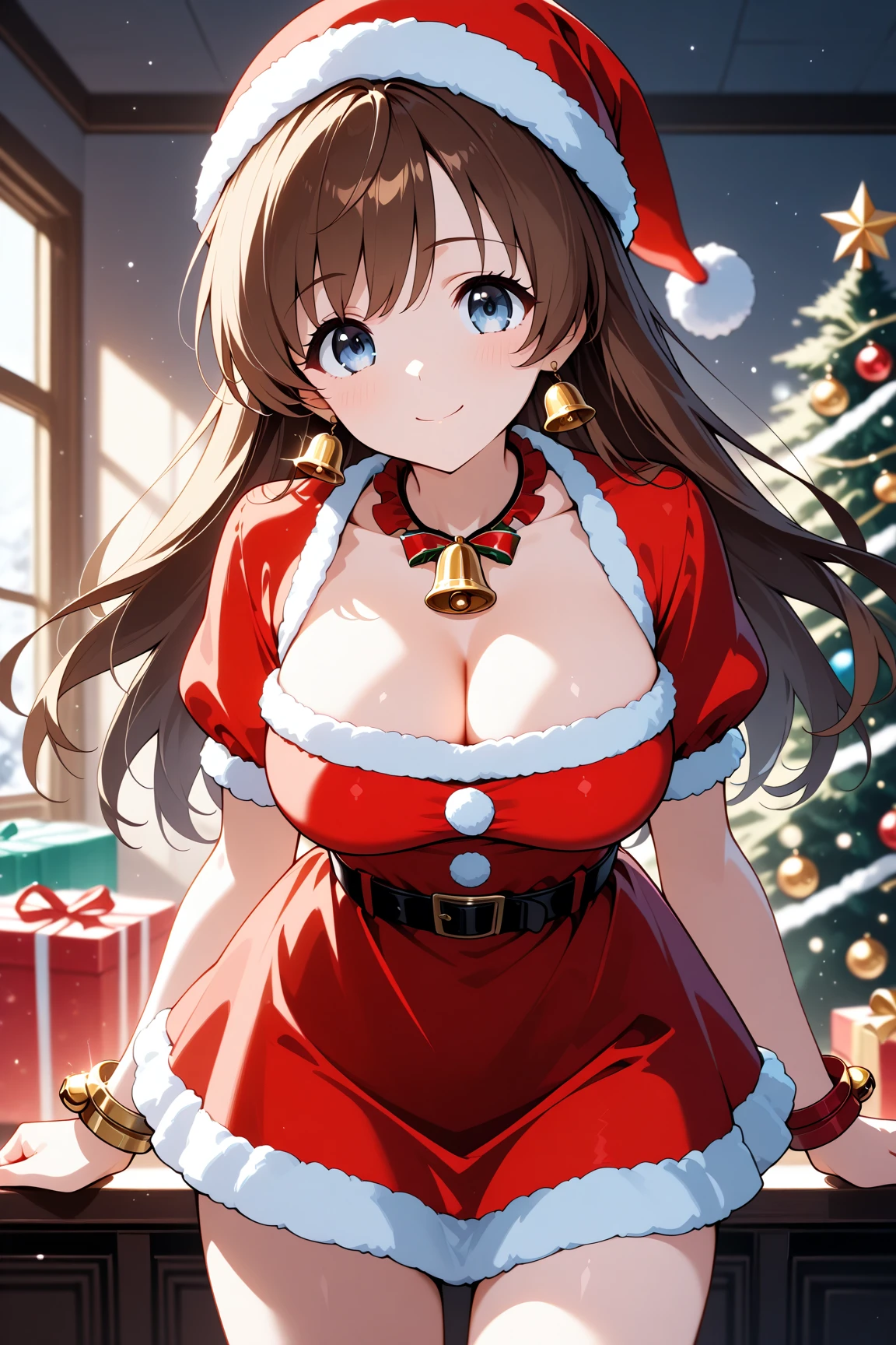 score_9, score_8_up, score_7_up, rating_safe, source_anime, safe,
1girl, 
brown hair, bangs, green eyes, twintails, long hair, santa hat, large breasts, detailed background, nightclub, bunny ears, playboy bunny, animal ears, smile, animal ear fluff, red headwear, christmas, ;d, solo, red leotard, thighhighs, breasts, leotard, black thighhigh, one eye closed, alternate costume, rabbit girl, christmas tree, vibrant city lights, hat, open mouth, :3, fur trim, blush stickers, cleavage, looking at viewer