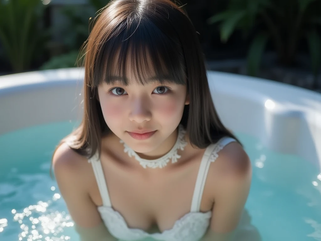 Tabletop, Highest quality, figure, Super detailed, In detail, High resolution, 8k wallpaper, Perfect dynamic composition, Beautiful attention to detail, Natural Lip ,Cleavage, whole body, See-through:1.5 、?????????? ????、???? 、Poses that accentuate beautiful legs: 2.0 、barefoot、前が開いてヘソが見えるSee-throughのワンピース、I can see the ???????? 12-year-old with a cute smile、???????????、Delicate slender body、Black medium-long hair、オフショルダーのSee-throughのブラトップ、Lower body ????、??????? are visible、I can see the ??????、barefoot、Off-shoulder camisole、Glowing SkinのLittle Girl、??????? are visible、Glowing Skin、Sweat、Wet skin、My ?????? is wet and open、、Innocent 12 year old girl、Beautiful girl with a well-groomed face、Big Eyes、Well-formed eyes、The best gravure idolasterpiece、High resolution、Beautiful girl with a cute smile、A beautiful girl with an innocent face、Tear bags: 1.5 、Smile、???????????: 2.0 、In the cobalt blue sea、((Her reflection on the water:1.5)) 、(((The shape of the is clearly visible: 2.0)))