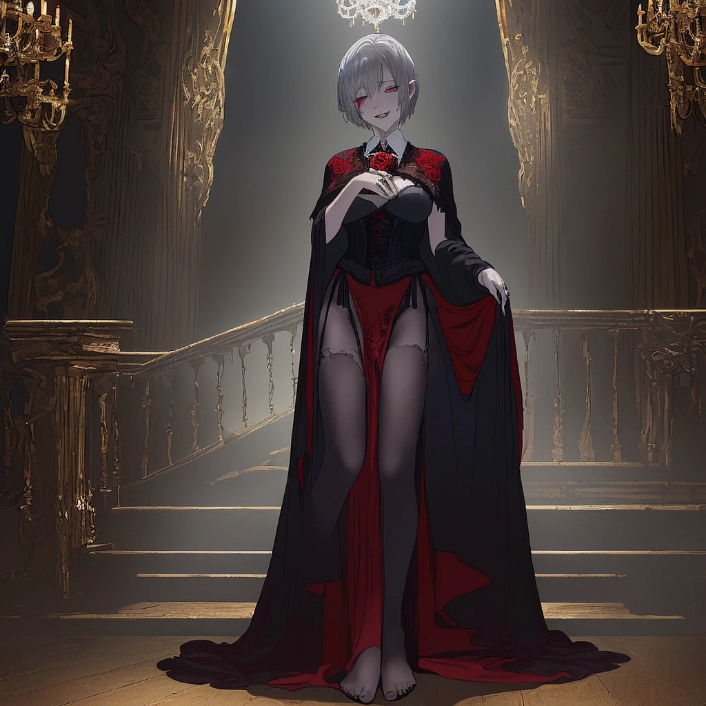 ((1 woman with ?????, ????? ?????)),((with a cape on the back, with crown))),((??????????????, ???? ???????, ????? ???????, grasping ???????)),((short white hair)), ((red eyes, calm face)),((sitting on a golden throne, sitting backwards, right leg over left leg)),((in an evil haunted castle, at night)),((1 arm behind the back )),