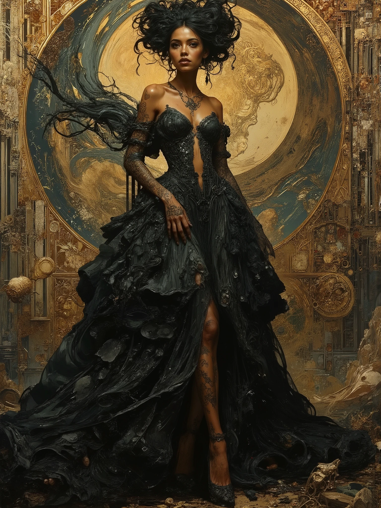 Impressionist surrealism, photo-realistic bizarre portrait of a beautiful, majestic caucasian half-Black lady—graceful yet an outcast, radiating eldritch aura and supernatural mystery. Deep golden-brown skin glows with lifelike detail. She stands in a dramatic, avant-garde gothic dress: the gown is non-explicit yet features a daring  that reveals her robust, long legs, and an elegant low-cut neckline showing natural cleavage. Her pose is theatrical, with large expressive dark eyes and a gap-toothed beguiling smile exuding otherworldly energy. Her physique is striking, with a petite upper body, medium 32C , powerful larger arms, trim yet slightly thicker waist, dramatically wide thighs, large, round . Tattooed script of loved ones on her arms and ; unfinished bowtie tattoos on thick thighs. Swirling tendrils of shadow and iridescent light evoke ancient cosmic power, casting mysterious symbols and ethereal radiance. The moody background merges crumbling antique wonders and modern facades in cool tones, surreal textures, gothic opulence, and bold lighting. Her high-fashion details draw inspiration from McQueen, Mugler, and Gaultier. She is enveloped in haunting, melancholic glamour—chosen and enchanting—blending history, futurism, and eldritch magic in a cinematic, ArtStation-worthy masterpiece. Waist and thighs a little thicker,  larger