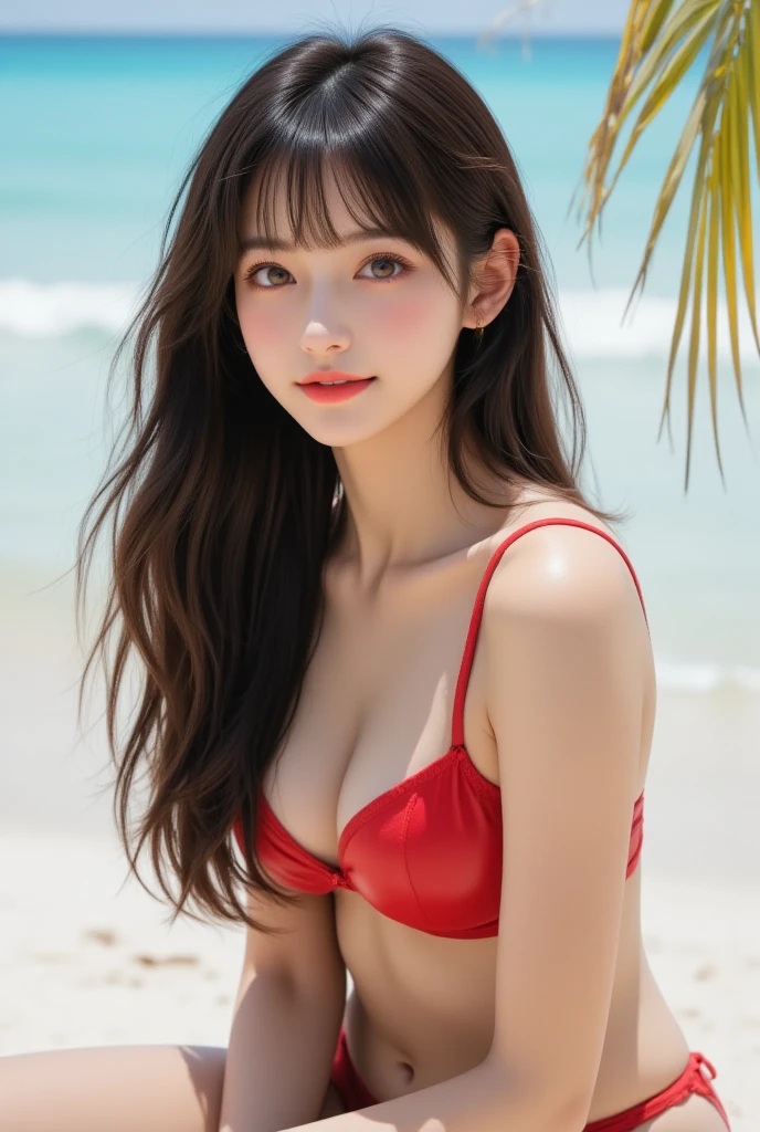 (masterpiece:1.3), High resolution, Super detailed, Highly detailed CG Unity 8k wallpaper, Realistic, photo-Realistic, RAW Photos, Beautifully detailed face, Pale skin, Realistic glistening skin, Detailed cloth texture, Detailed hair texture, Perfect body, Beautiful Face, Accurate, Anatomically correct, Highly detailed face and skin texture, Natural neck length, (Beautiful Hands), (Fair skin:1.2), Thin legs, Thin legs, Fine grain, (Symmetrical eyes), Light brown eyes, double eyelid, (Thin eyebrows:1.1), (Glossy Lips:1.4), (Captivating smile:1.2), break, (Very cute girl:1.3),(I can see under my ?????:1.2), Medium ?????????????, (Hard ?????, Shapely ???????, Slim figure:1.1), Toned Abs, (Supermodel), (Dark brown hair, Wavy Hair, Medium Long Hair:1.2), ((Asymmetrical bangs:1.2)), break,bondage, (Highest quality, 8k, masterpiece: 1.3)), concentrate: 1.2, Perfect bodyの美しさ: 1.4, ????: 1.2, (Wet clothes: 1.1),Are standing, ((胸を突き出すSupermodelポーズ:1.4)), (random:1.1), View your viewers, 正面からView your viewers,(((Are standingモデルポーズ))),Very wide shot,(Full-body photos:1.4), (Red ????? swimsuit:1.3), (Attractive body), (????????????), A light smile, Thighs,(Sleeping on the beach),(Sitting on the beach),(Both hands raised),(M-shaped legs), Exactly, Perfect Image Realism, background: (Great Barrier Reef Ocean:1.3), 