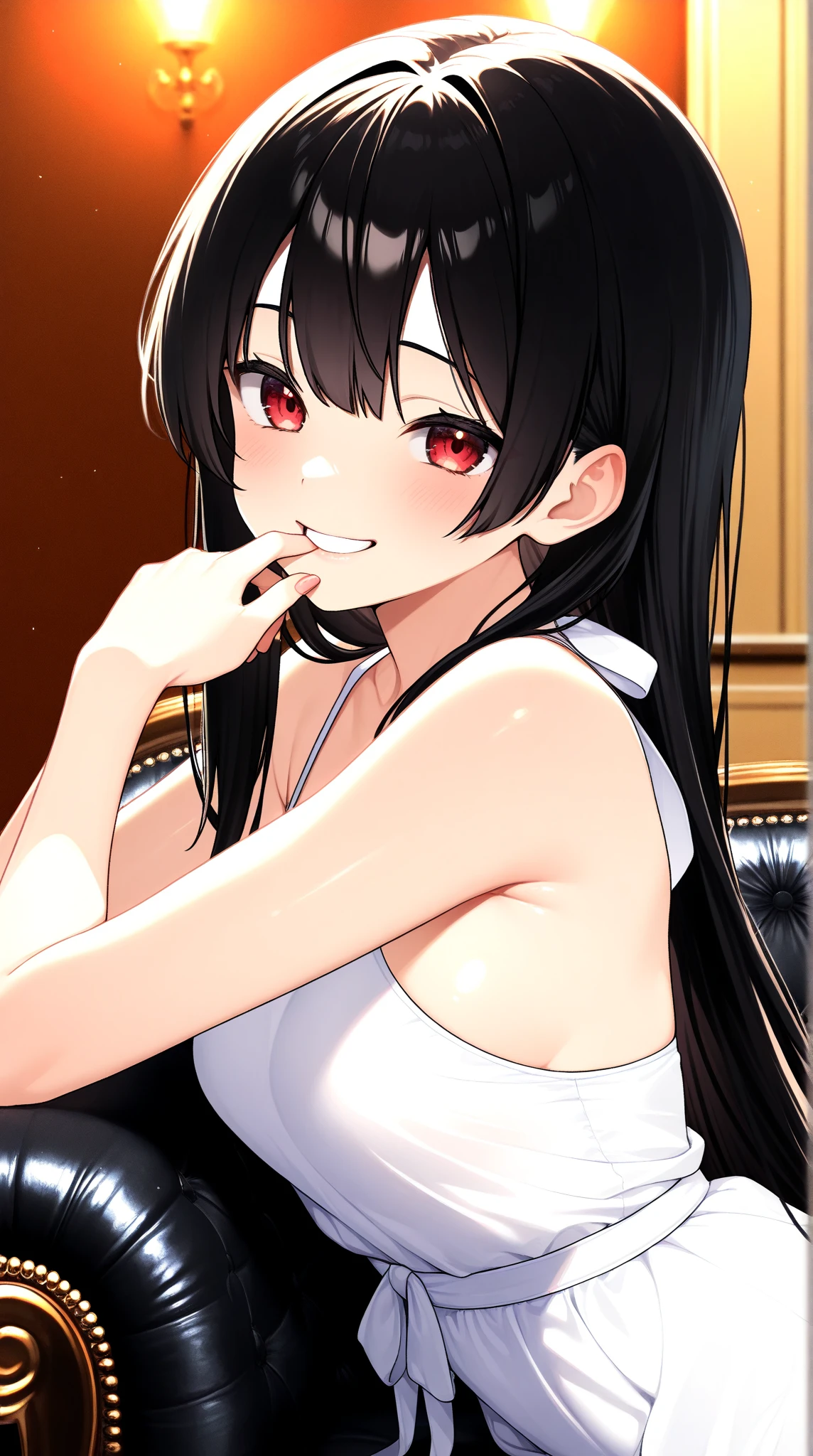 (Best Picture Quality, Masterpiece:1.2), Absurd Absolute Resolution, High Quality, One Woman, BREAK, (Black with Red Longhair:1.1), Brown Eyes, Normal Size , BREAK, One Woman, , Solo, , Gaze, Normal Size , Smile, Crop Top, Piercing, Parted Lips, Middle Line gemstone, lips, navel, tank top, white tank top,  shoulders, sit, bangs, lean forward, collarbone