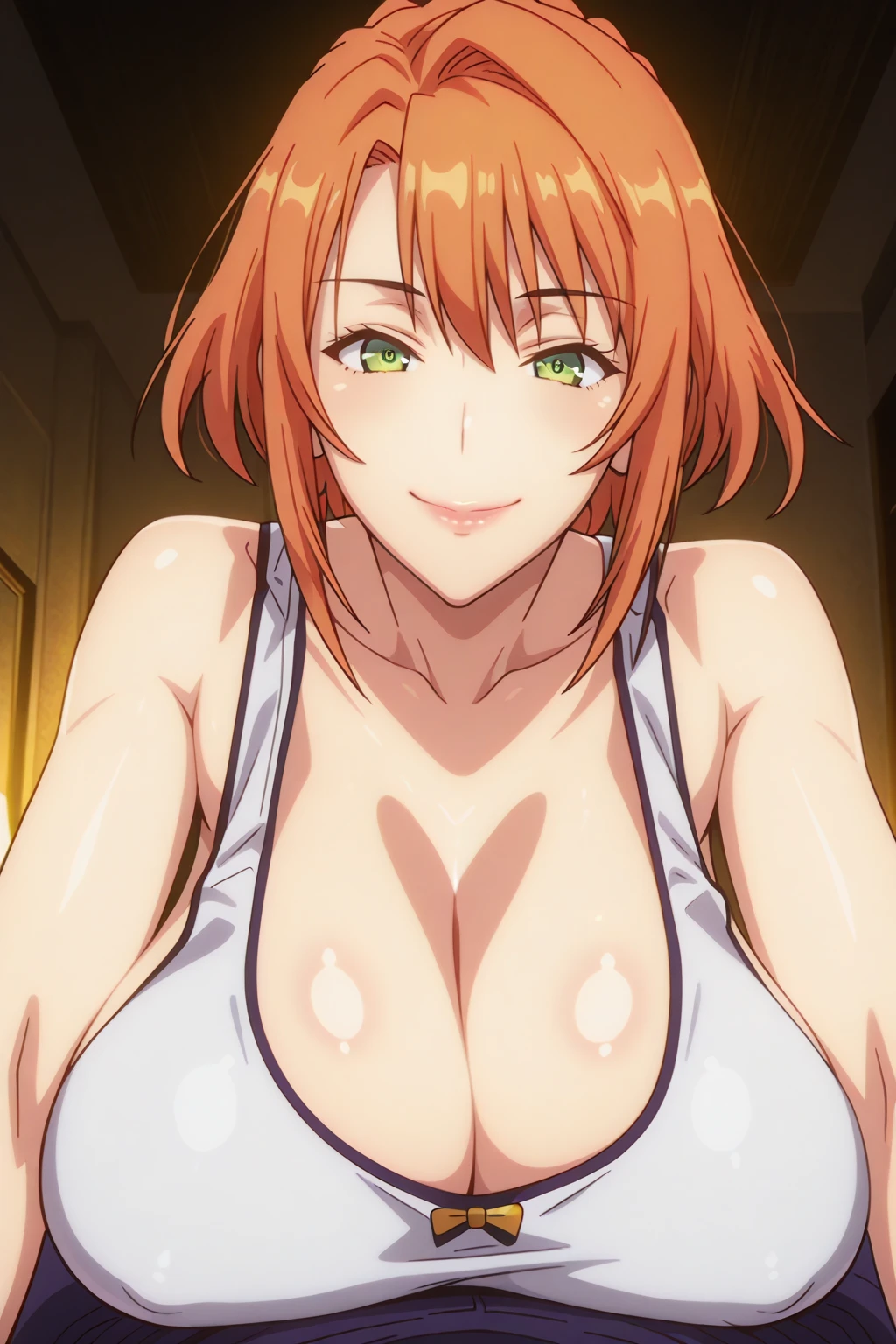 masterpiece,best quality,1girl,breasts,smile,short hair,brown hair,light brown hair,purple eyes,hair over one eye,breast,blush, , score_9, score_8_up, score_7_up, score_6_up, score_5_up, score_4_up, , thighhighs,  nightgown, ,