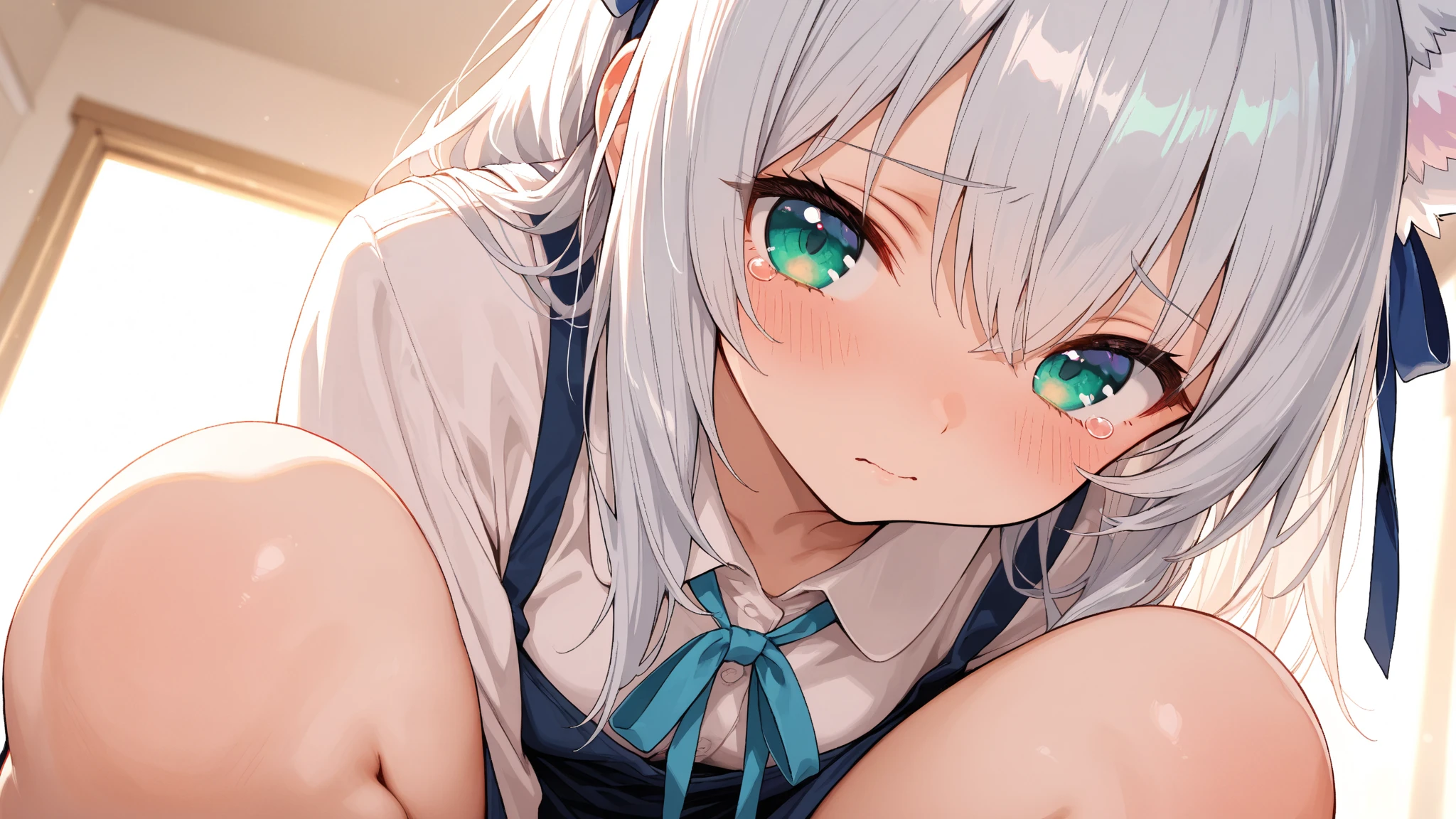 1girl, elaina (majo no tabitabi), akanbe, eyelid pull, , {finger to eye}, tounge out, cowboy shot, , pajamas, serafuku, night,  shoulder, looking at viewer, bedroom, indoor, window, furniture, best quality, masterpiece, high quality, amazing quality, very aesthetic, intricate details,