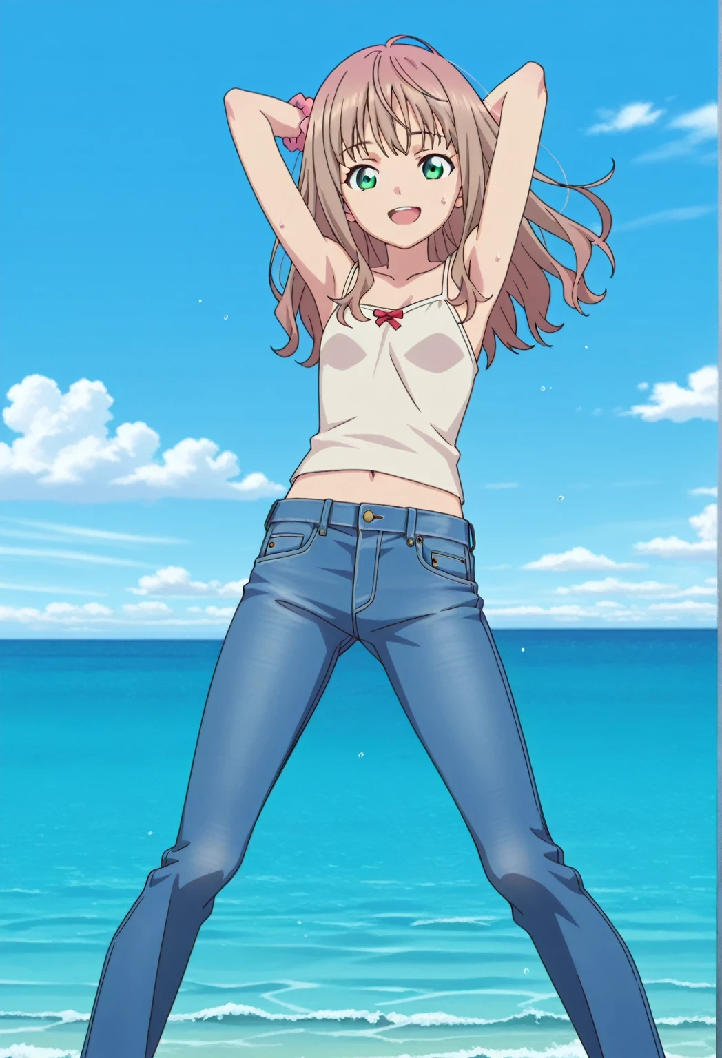 score_9, score_8_up, score_7_up, source_anime, highres, hi res, ((best quality, top quality, perfect quality, Highest Quality, amazing quality)), {{masterpiece}}, {{an extremely delicate and beautiful}}, 2d, intricate details, official style, anime, 8k, anime style, official_anime, official art, digital painting, cell shading, soft shading, high resolution, soothing tones, Subdued Color, Soft cinematic light, adobe lightroom, photolab, HDR, intricately and hyper-detailed, ((high quality animation)), 1 girl, Alone, solo, ((ocean)), tsunami, on the water, day, sunny, outdoors, sky, windy, yume minami, SSSS.Dynazenon, brown hair, long hair, green eyes, pink scrunchie, wrist scrunchie, anime coloring, anime screencap, small breasts, light beige camisole top, crop top, light beige crop top, best quality, hyper-detailed jeans, ((blue jeans:1.9)), (dark blue jeans:0.6), medium body, medium shot, Open mouth, small smile, sweat, standing, hyper-detailed arms, ((arms behind head:6.0)), ((perfect arm line:3.5)), ((hyper-detailed arms:2.5)), balance arm, raise forearm, bowlegged, natural stand pose, action, looking at viewer, spread legs, Bend knees slightly, from below