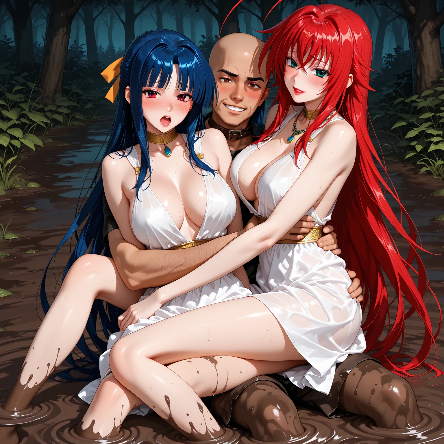 , , raiden shogun (genshin impact), female/ambiguous, female , Fat man, ganyu (genshin impact), , multiple girls, comic, 3girls, , Collapsed Cowgirl, hetero, 4fatmans, multiple boys, blue hair, purple hair,, Furina (genshin impact) , white hair, drunk, drinked, bikini, long hair, bald man, , , River with waterfall,violated,