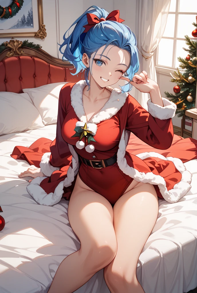 masterpiece, absurdres, 1 teenage girl, Age 15 old. Miwa [jjk],, floating hair, Christmas ribbon on her hair. masterpiece, absurdres , (intricate details), (colorful),cinematic lighting,bust shot,extremely detailed CG unity 8k wallpaper 1girl, solo, Christmas Hat, Santa style Hood unzipped jacket, Santa style Bra, Santa style Skirt, Santa style Socks. Black heels. Bedroom Background, lying on bed or sleeping position. snow falling. Miwa Attractive looking. athletic Abs detailed, biceps triceps pumped up, body sweat glow, sweat on her body, Slutty Wide , (Medium ) [Beautiful Curvy ]. Heart shaped Lips, Painted Lips shine. detailed eyes, blushed, Adorable Facial, looking at viewer. Detailed eyes. Cute slutty Navel stomach