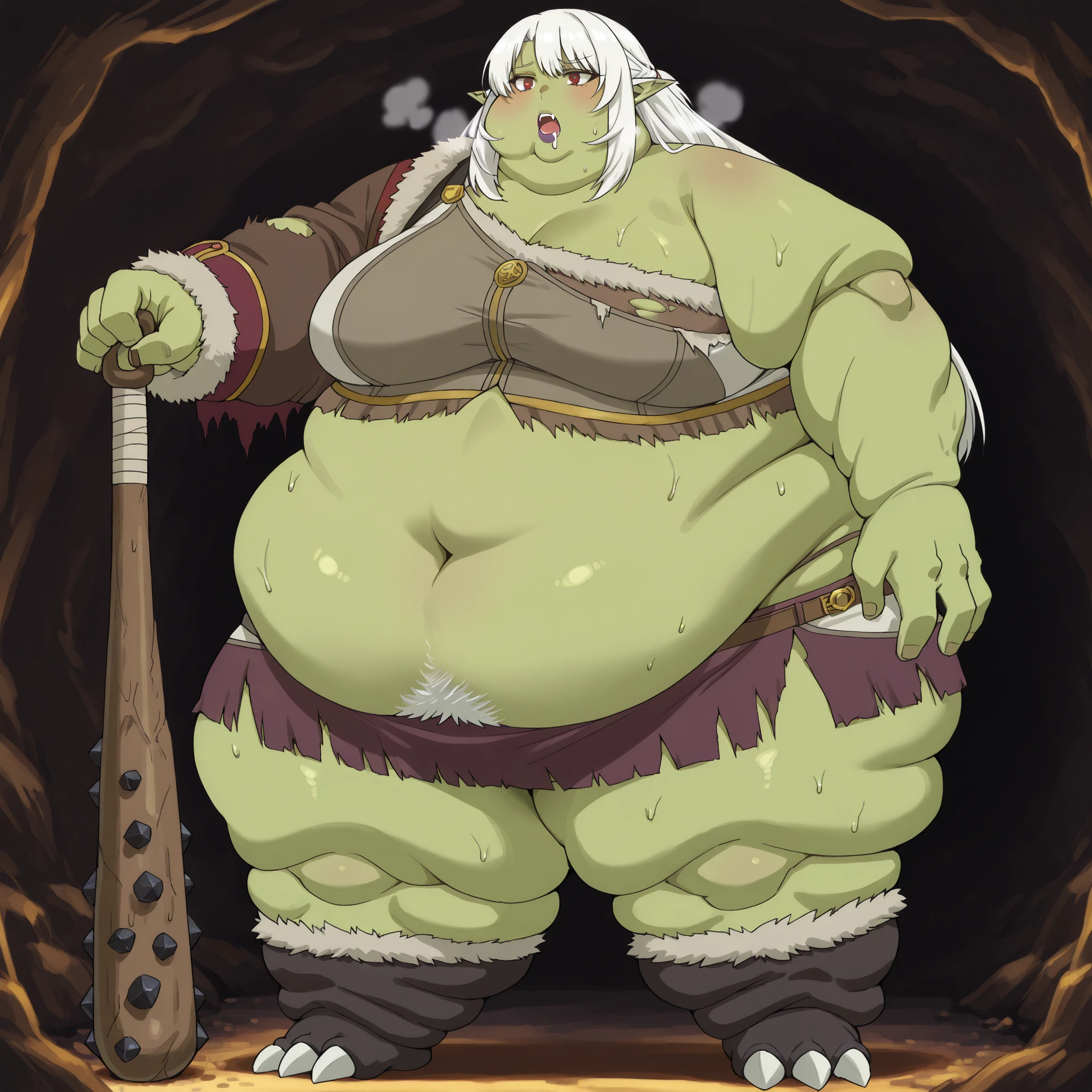 silk amberwood (aparida), dark elf, long hair, white hair, pointy ears, red eyes, large breasts, purple lipstick, Becoming a orc, monster, Orc, Female Orc, green skin, tusks, Orc, fangs, 1girl, fur, rags, brown crop top, fur trim crop top, single off shoulder, midriff, navel, brown miniskirt, fur trim miniskirt, blank_stare, empty_stare, fat, chubby, obese, gigantic arms and legs, large breasts, sweating, wet body, swollen face, Fat_neck , Fat head , eyes with crushed cheeks , nose with crushed cheeks , mouth with crushed cheeks , chin roll,
only head, large head, oversized limbs, large hands, large feet, oversized feet, oversized fingers, big lips, plump lips, fat face, fupa, big fupa, fat fupa, in a cave, open mouth, drooling, pubic hair, hairy, holding a club, holding a weapon, large breasts, fat, chubby, obese, fat neck, multiple chins, big breasts open mouth, out of breath, Larger female, full body shot, only head, large head, oversized limbs, large hands, large feet, oversized feet, oversized fingers, big lips, plump lips, fat face, fupa, big fupa, fat fupa, hunchback, torn clothes, ripped clothes