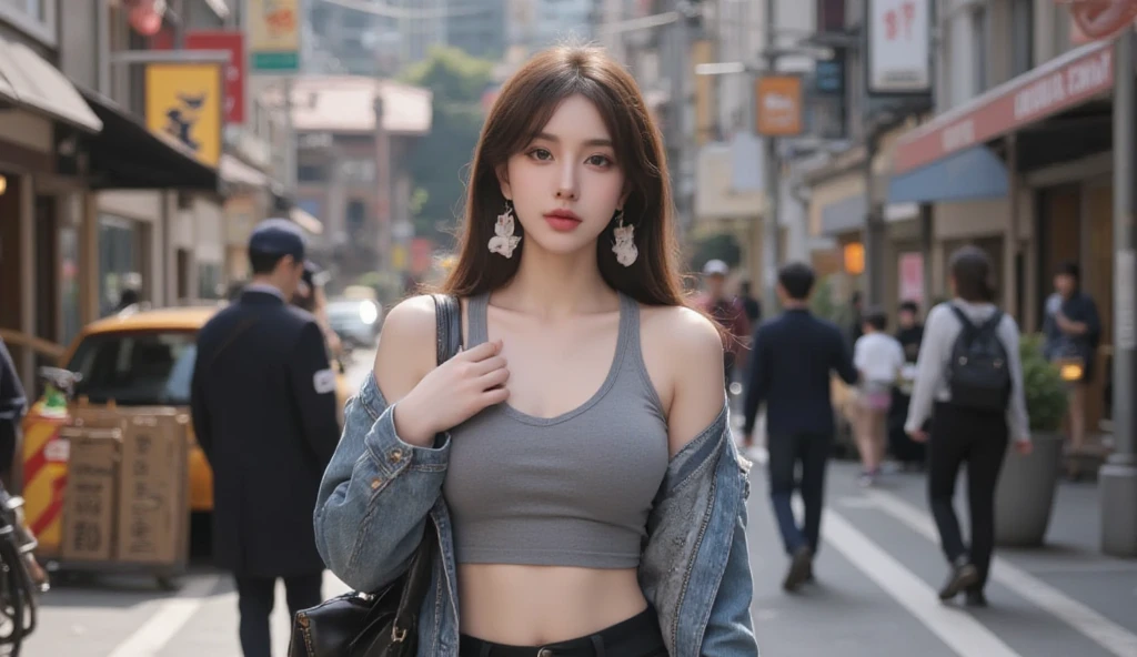 (((In fact photography))),, portrait, ( face:1.3),, Beautiful girl, looking at the audience, , (:1.2), Please button your shirt and pants, , (complete cleavage:1),, On the streets of Japan, (Environment details:1.3),, (original photo, CG Unity, photography, ultra In fact details, Concentrate, sensitive skin,4K, high resolution, masterpiece, best quality, In fact, full of strength:1.2),, (8K,4K, ultra high quality, high resolution, professional, , , dramatic),, (Deformed depth of field background blurred), detailed background, (Magazines:1.35), (estilo da capa:1.3)