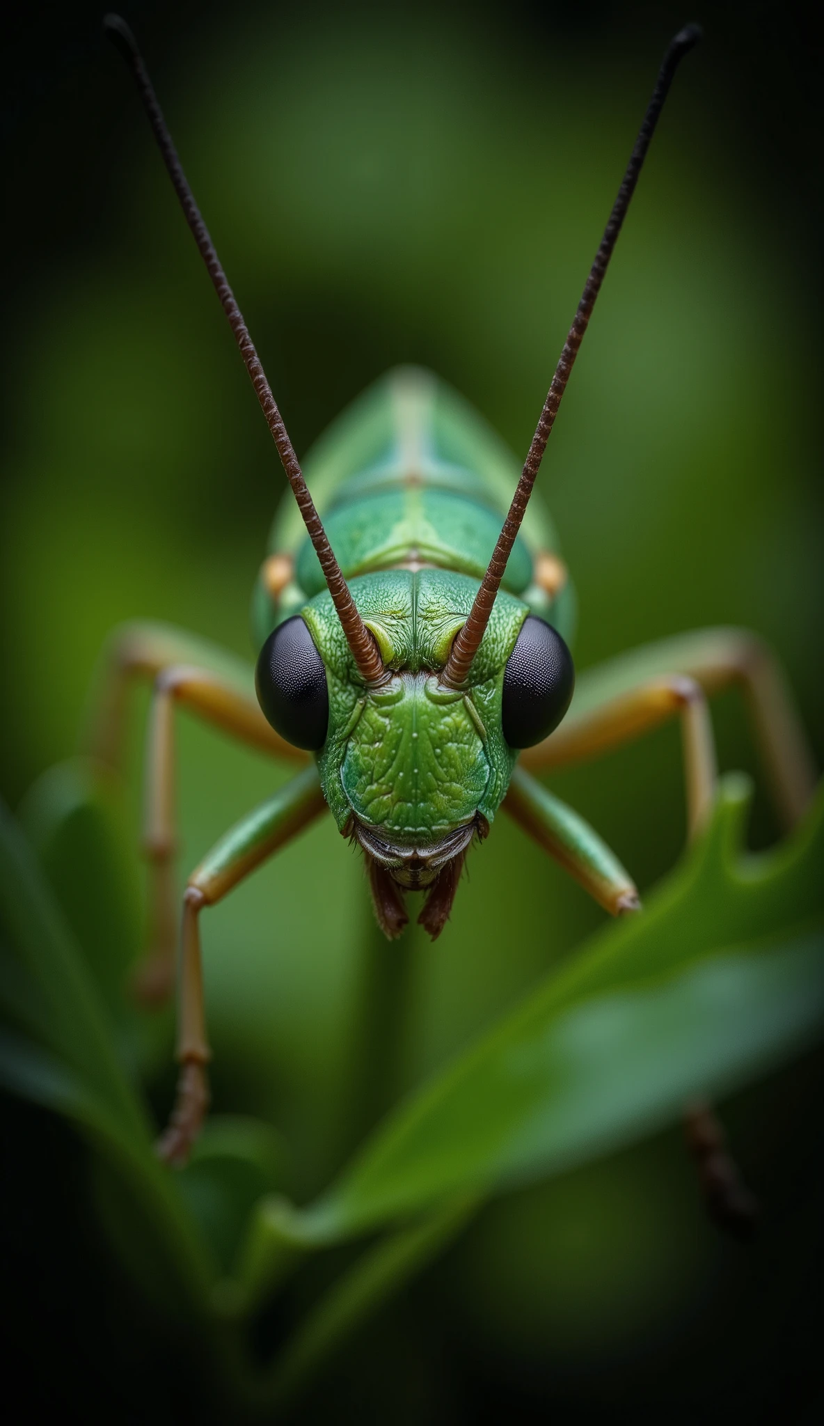 A focused gaze pierces through layers of muted green, held in sharp relief against a softly blurred backdrop. Slender antennae extend from a triangular head, delicate and precise within the shallow depth of field. Light catches the textured surface of its emerald form, highlighting subtle ridges and contours as it pauses amidst foliage. A low angle emphasizes its presence, drawing attention to the intricate details of its compound eyesadark pools reflecting the surrounding light. The composition drifts slightly off-center, creating a natural, unposed feel, while the dark edges frame the subject in an intimate vignette.
