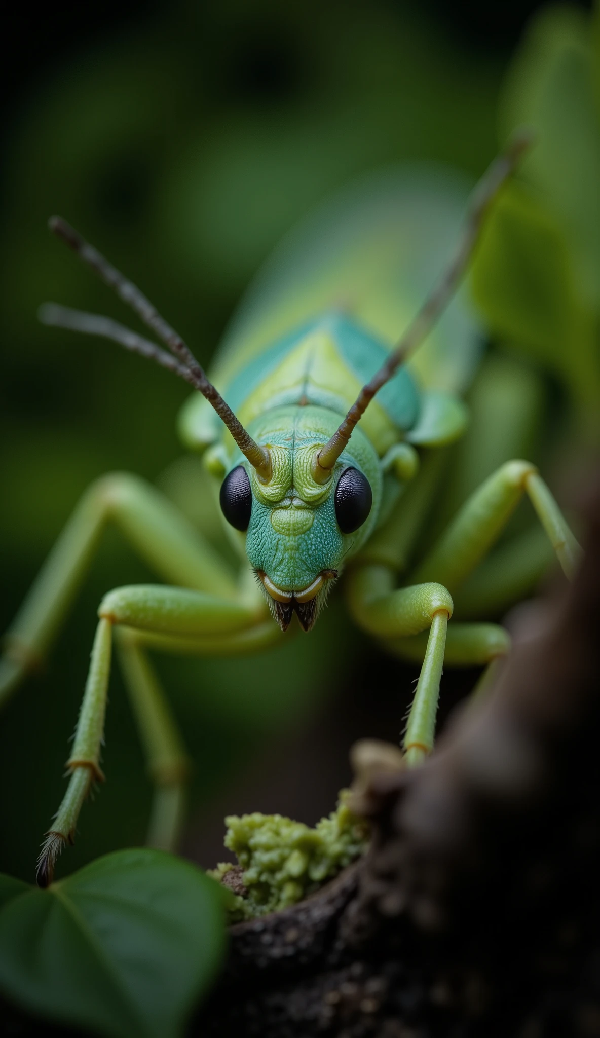 A focused gaze pierces through layers of muted green, held in sharp relief against a softly blurred backdrop. Slender antennae extend from a triangular head, delicate and precise within the shallow depth of field. Light catches the textured surface of its emerald form, highlighting subtle ridges and contours as it pauses amidst foliage. A low angle emphasizes its presence, drawing attention to the intricate details of its compound eyesadark pools reflecting the surrounding light. The composition drifts slightly off-center, creating a natural, unposed feel, while the dark edges frame the subject in an intimate vignette.