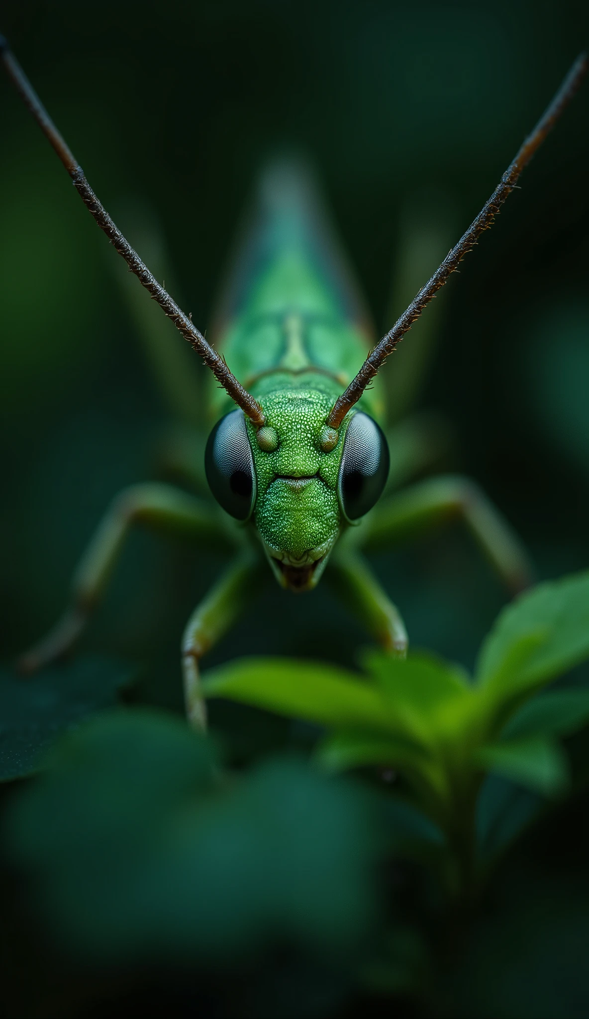 A focused gaze pierces through layers of muted green, held in sharp relief against a softly blurred backdrop. Slender antennae extend from a triangular head, delicate and precise within the shallow depth of field. Light catches the textured surface of its emerald form, highlighting subtle ridges and contours as it pauses amidst foliage. A low angle emphasizes its presence, drawing attention to the intricate details of its compound eyesadark pools reflecting the surrounding light. The composition drifts slightly off-center, creating a natural, unposed feel, while the dark edges frame the subject in an intimate vignette.