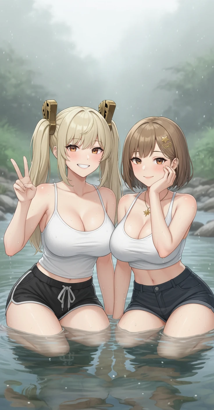 
Two  anime girls in bikinis posing by a lake with very  